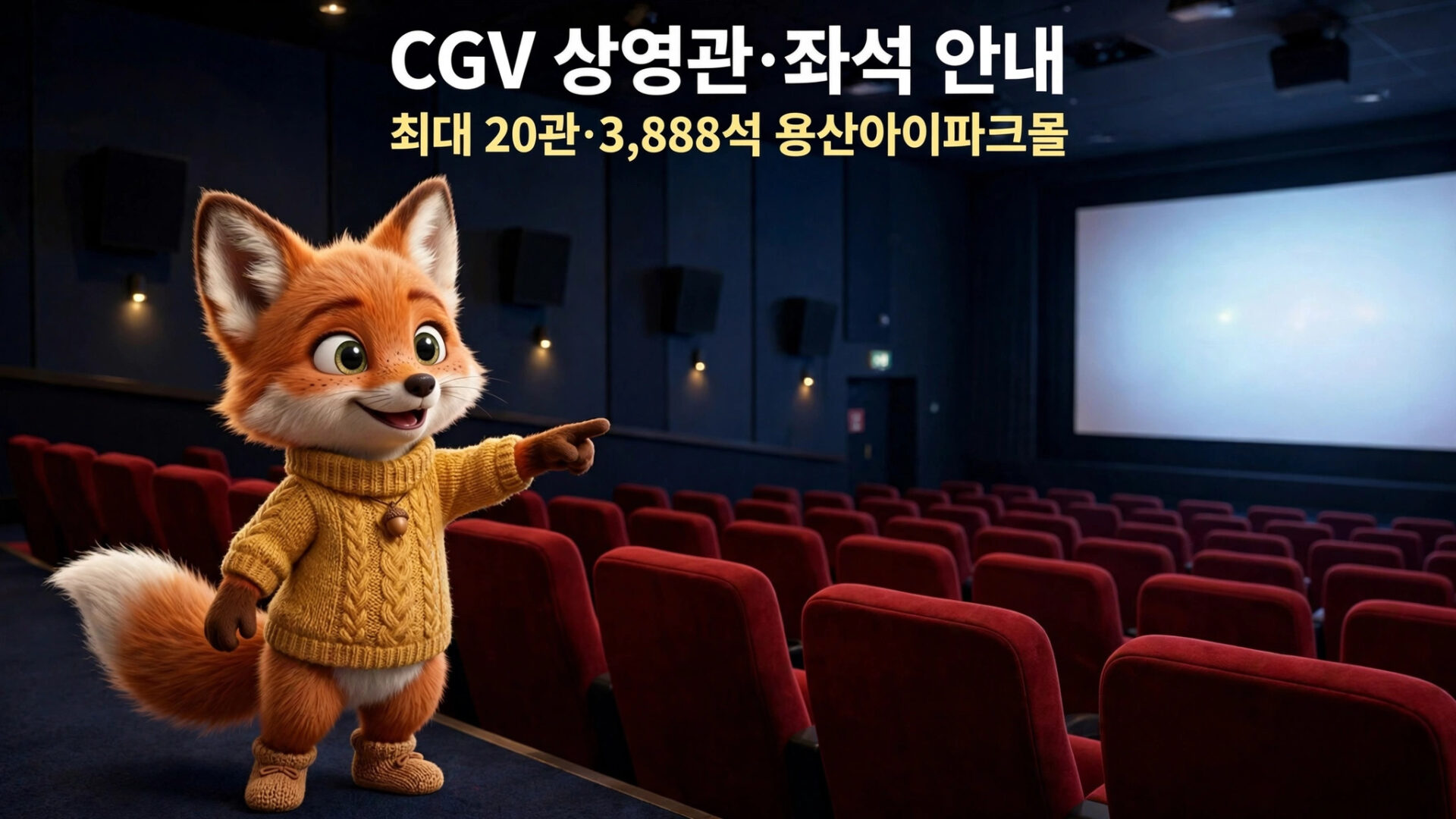 CGV 상영관의 내부 모습, 귀여운 여우 캐릭터가 노란 스웨터를 입고 관객을 향해 손을 흔들고 있는 장면. 배경에는 빨간색 의자가 배치된 영화관과 화면이 보임.