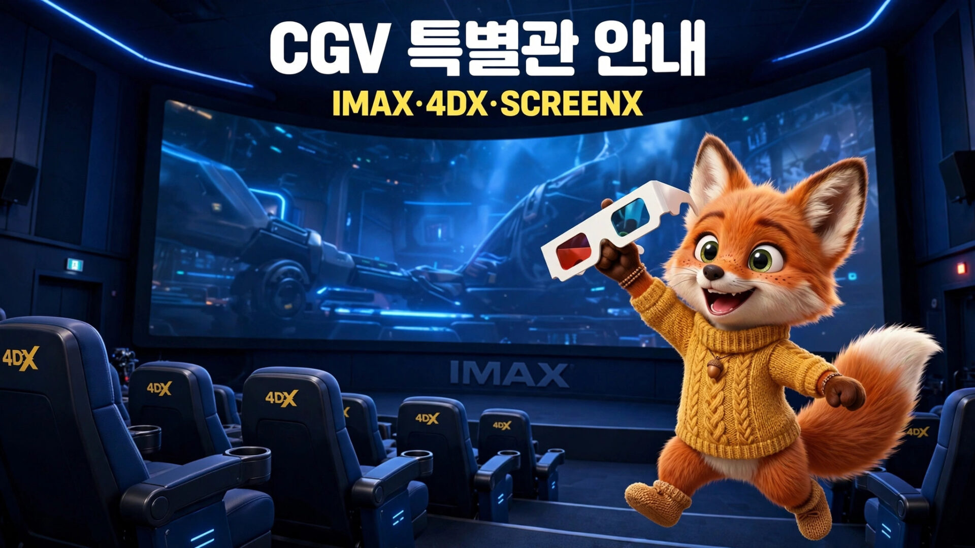 CGV 특별관 안내 이미지로, IMAX, 4DX, SCREENX 상영관의 좌석과 애니메이션 캐릭터가 3D 안경을 들고 즐거워하는 모습이 담겨 있습니다.