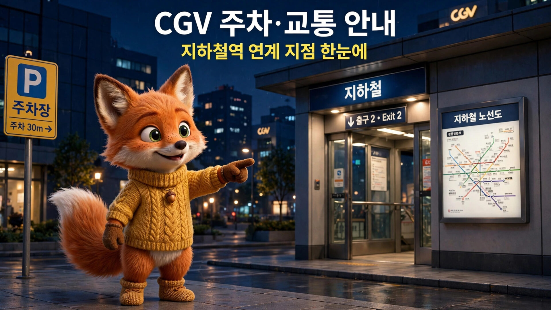 CGV 주차 및 교통 안내를 위한 이미지로, 지하철역 출구와 방향 안내가 포함된 모습. 귀여운 여우 캐릭터가 손가락으로 방향을 가리키고 있으며, 주변에 주차장 표지판과 지하철 노선도가 보임.
