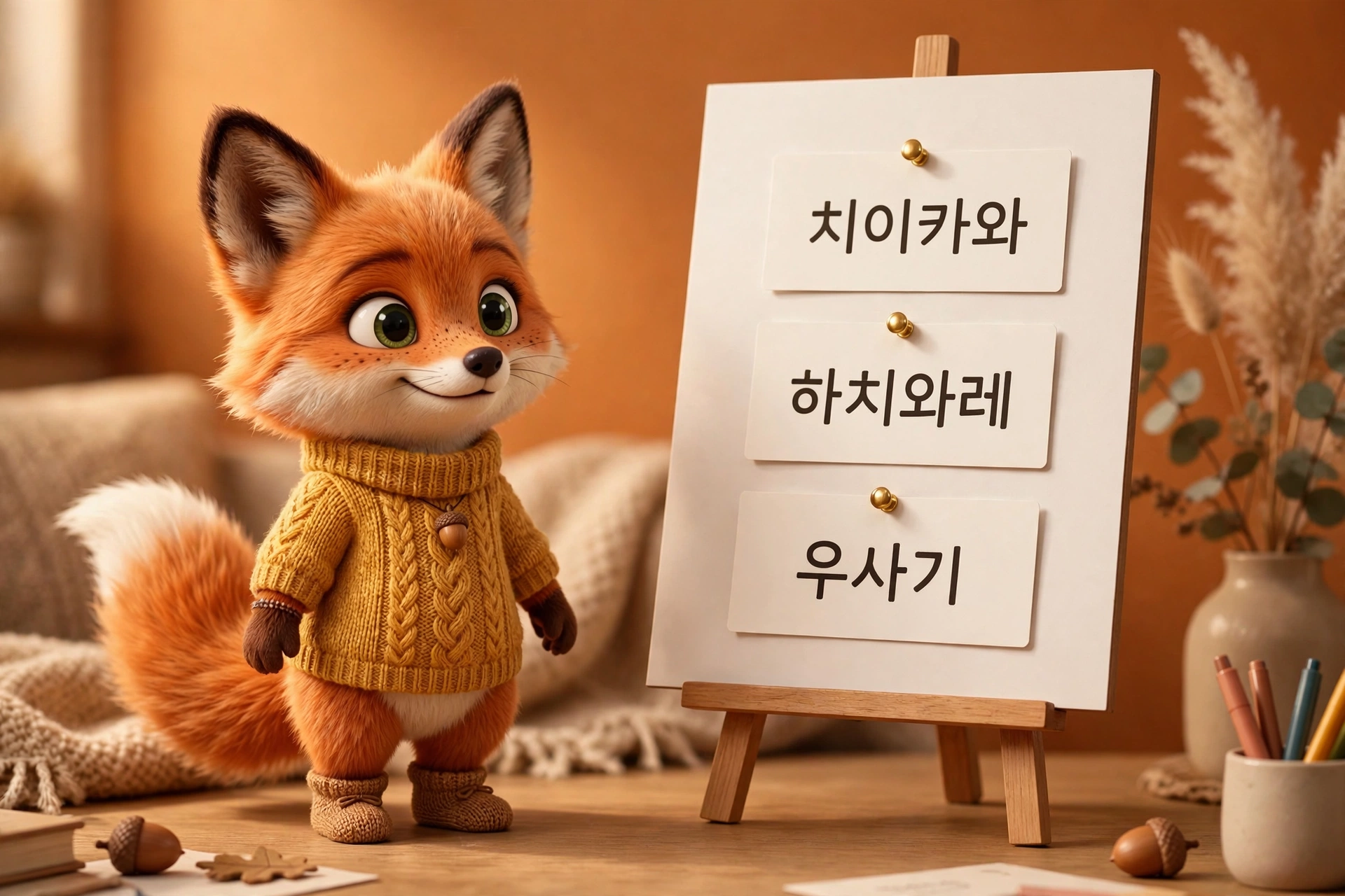 치이카와 하치와레 우사기 이름 카드와 여우 캐릭터