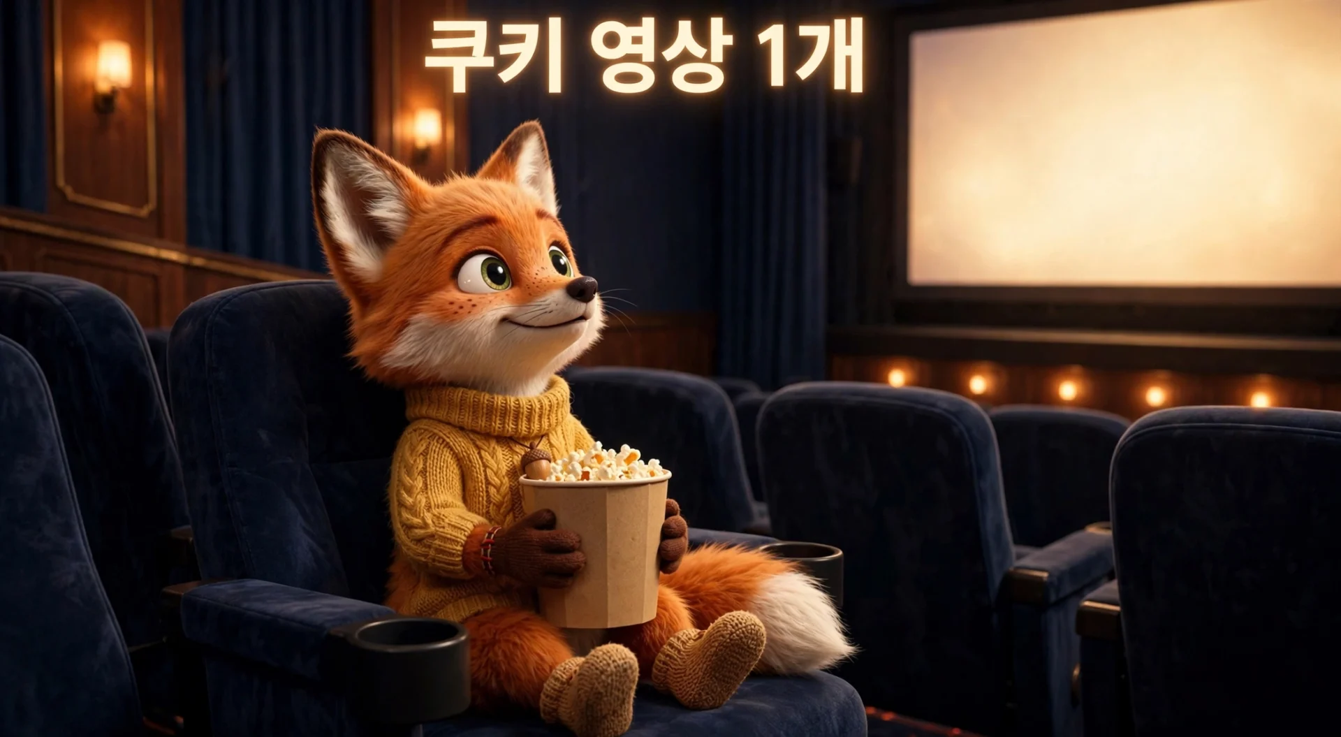영화관 좌석에서 팝콘을 든 여우 캐릭터, 쿠키 영상 1개