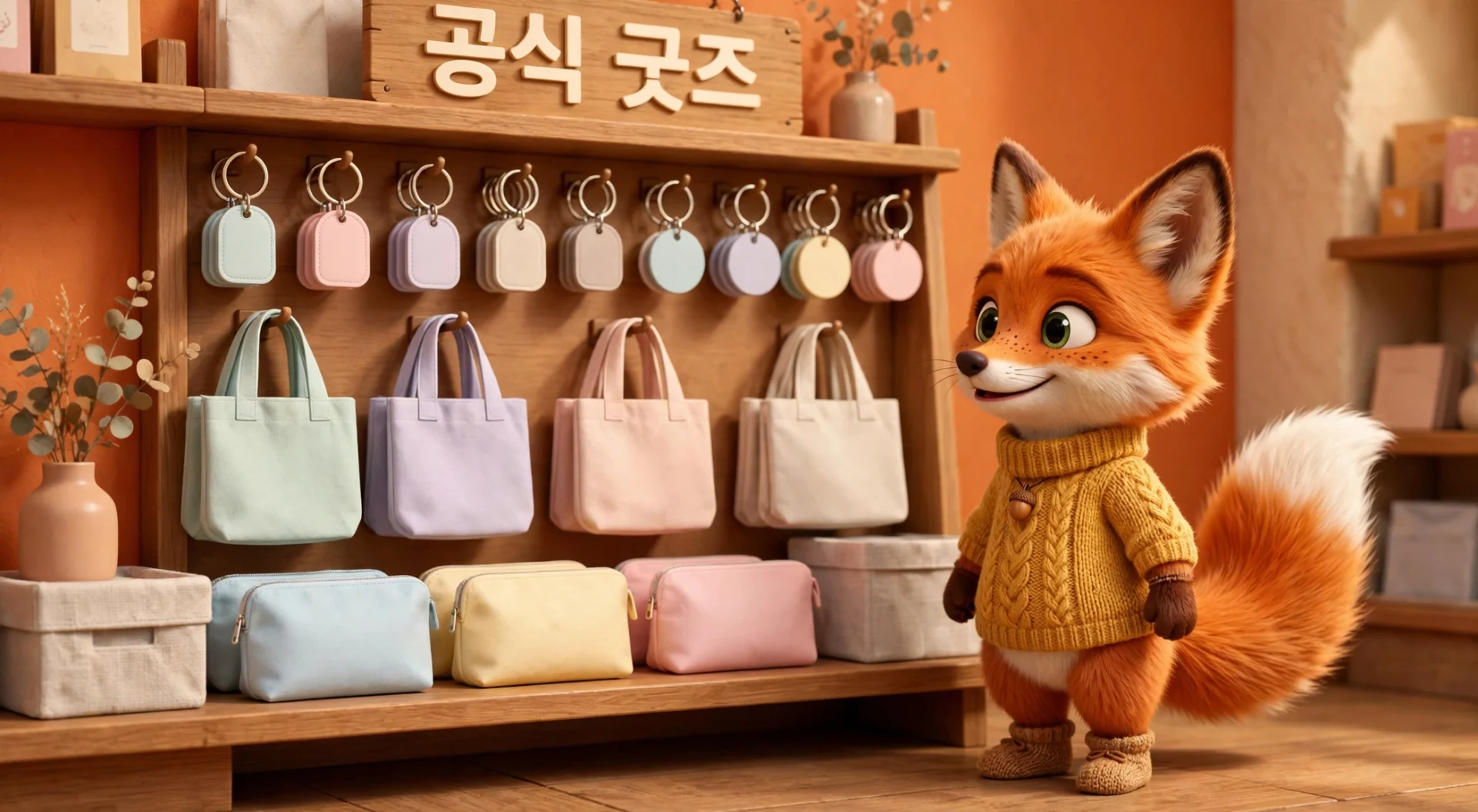 공식 굿즈 진열대 앞 여우 캐릭터