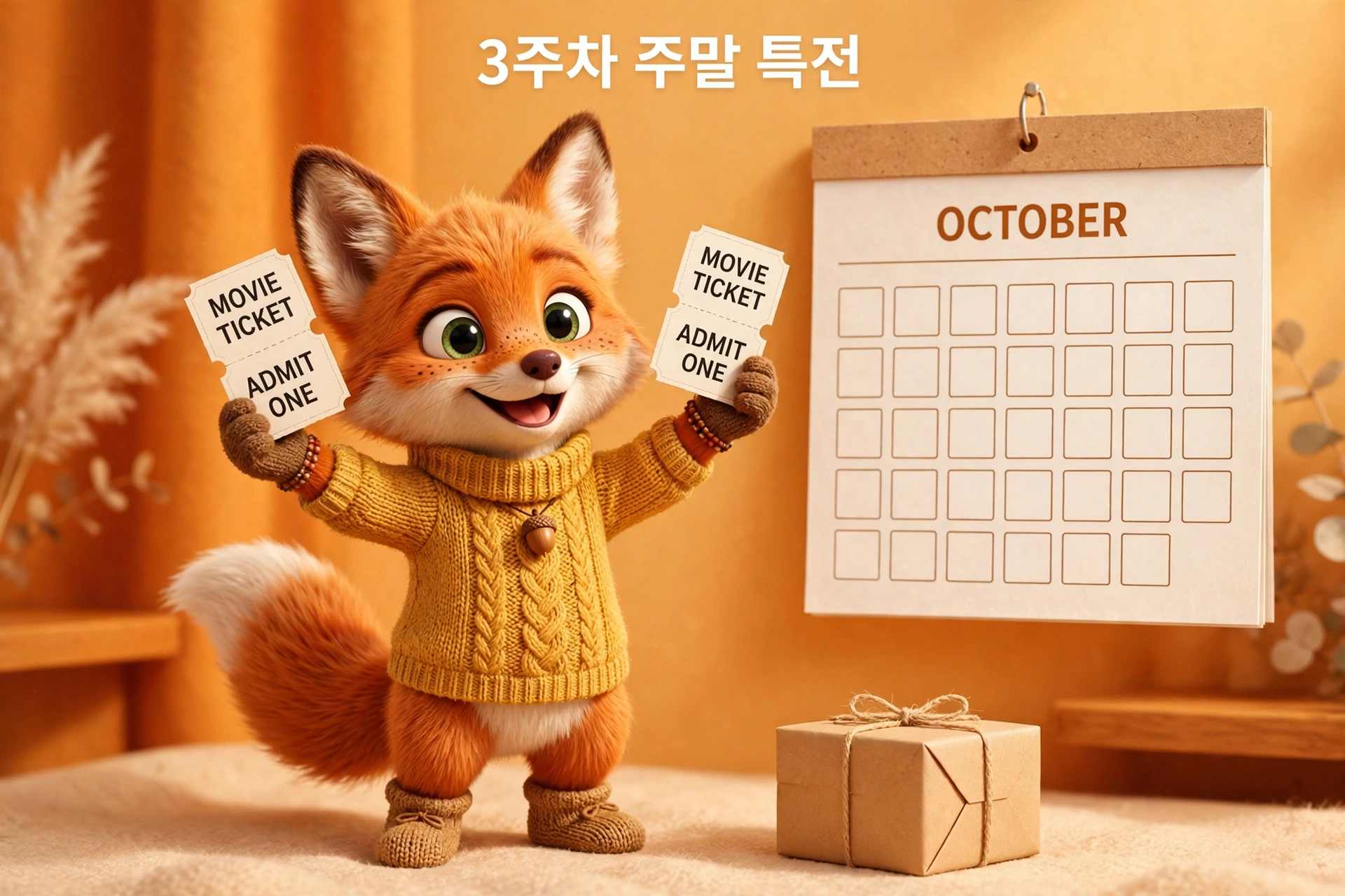 영화 티켓을 든 여우 캐릭터와 10월 달력, 3주차 주말 특전