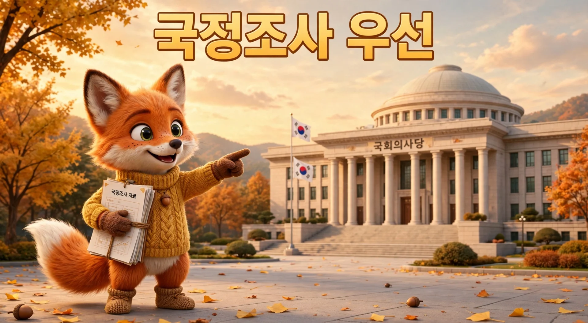 국회의사당 앞에서 국정조사 자료를 들고 국정조사 우선을 안내하는 여우 캐릭터 일러스트