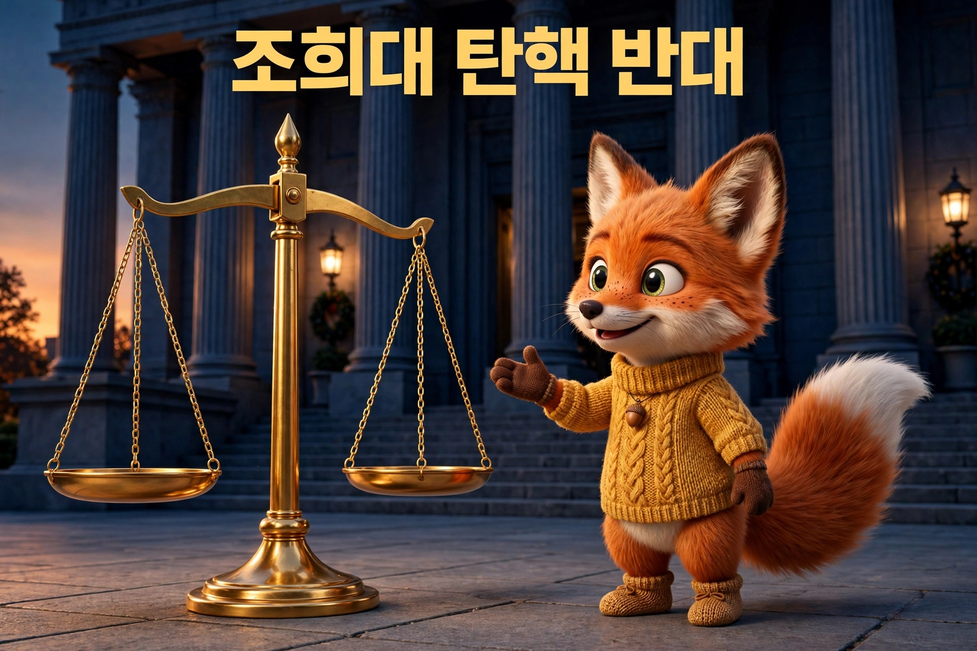 법원 건물 앞 황금 저울 옆에서 조희대 탄핵 반대 문구를 안내하는 여우 캐릭터 일러스트