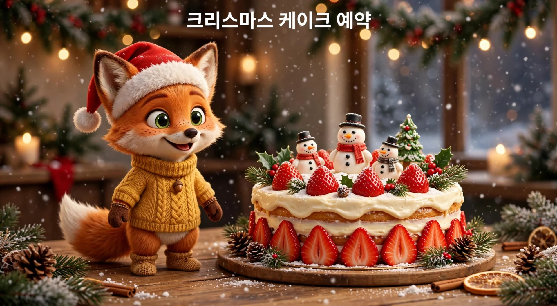 크리스마스 케이크 예약 안내 — 크리스마스 케이크와 여우 캐릭터