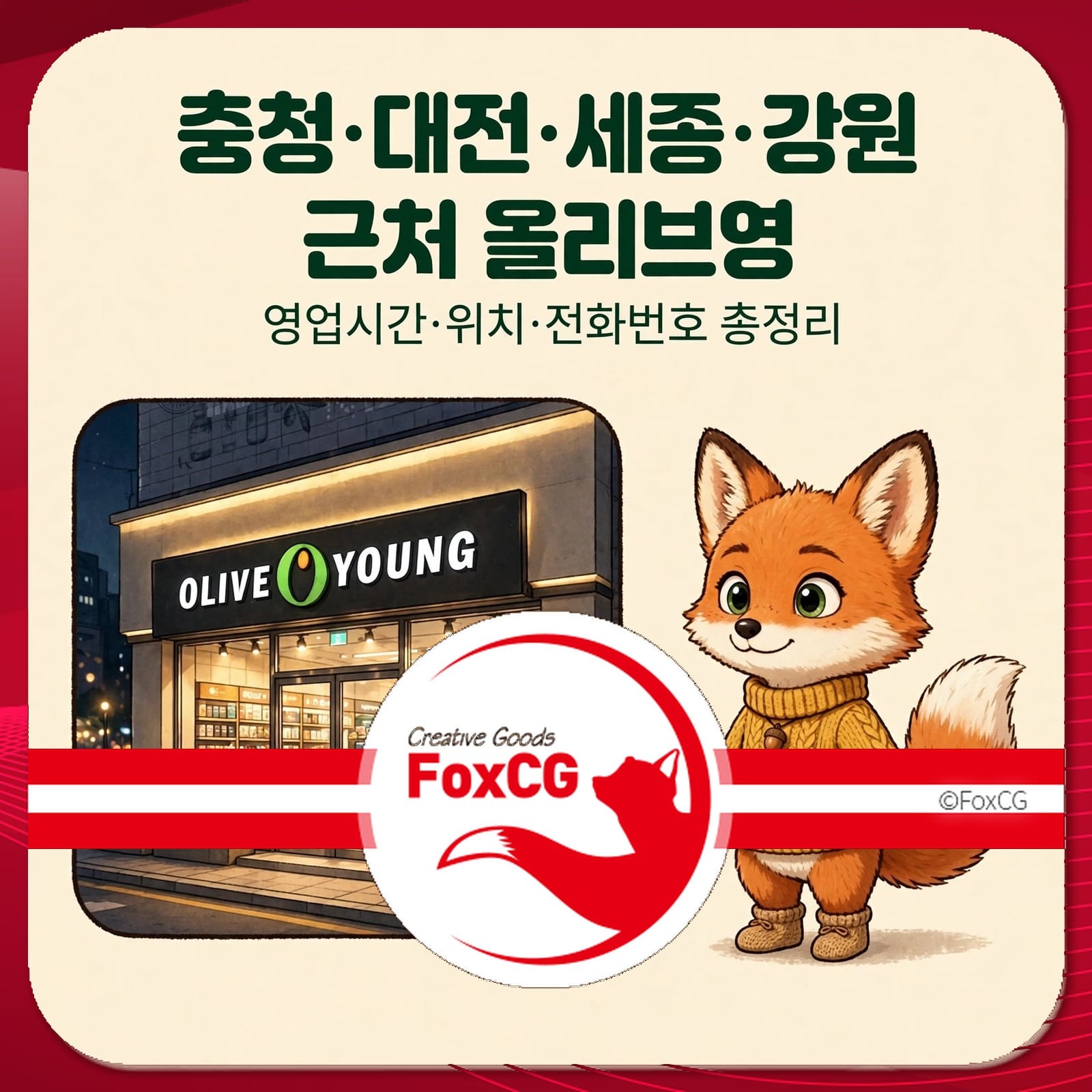 충청, 대전, 세종, 강원 지역의 올리브영 매장 정보와 운영시간, 위치, 전화번호 안내 이미지. 귀여운 여우 캐릭터가 포함되어 있어 친근한 느낌을 주는 디자인.