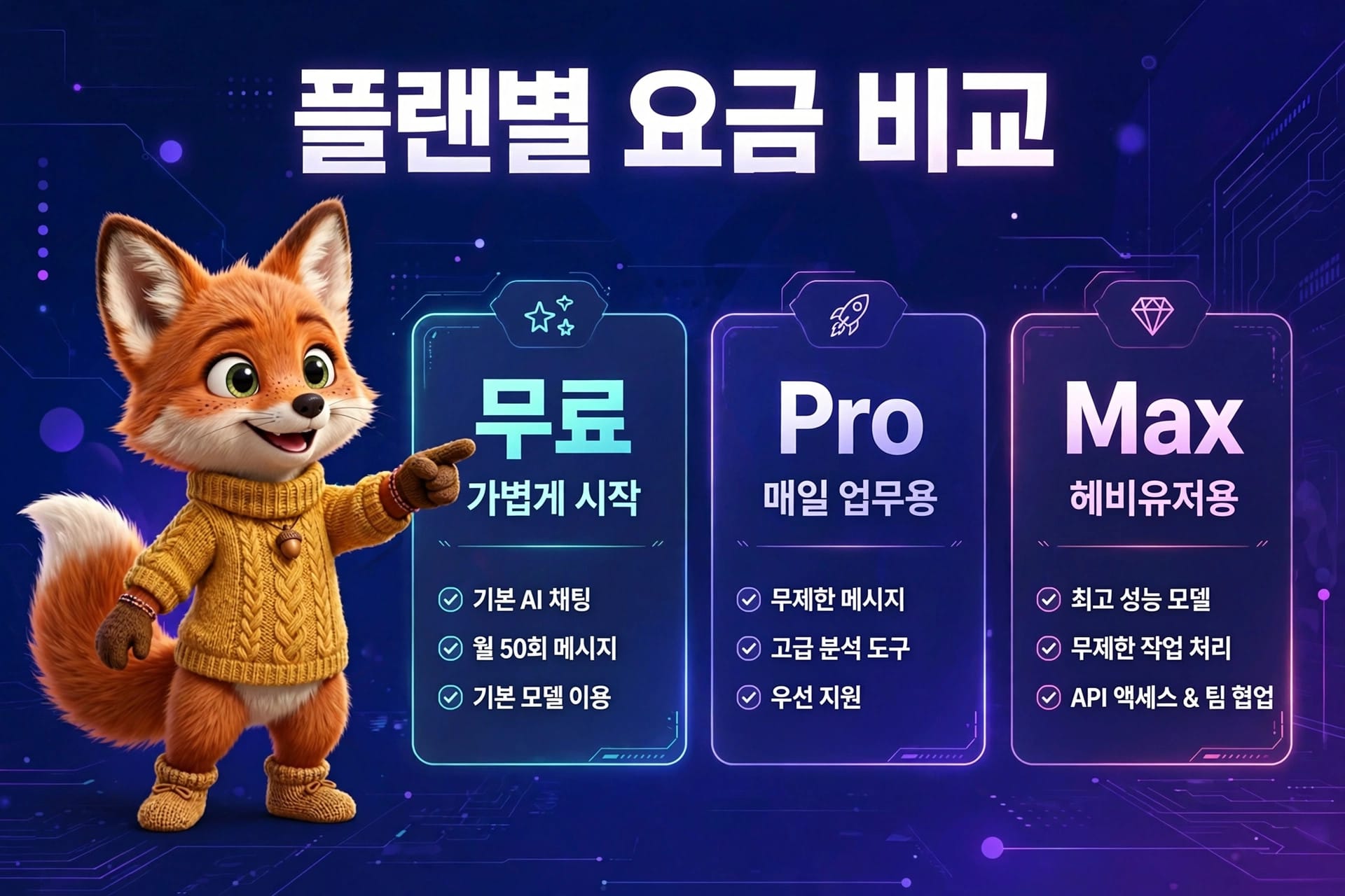 플랜별 요금 비교를 보여주는 이미지로, 귀여운 여우 캐릭터가 무료, Pro, Max 요금제를 설명하는 내용을 포함하고 있습니다. 무료 요금제는 기본 AI 채팅, 월 50회 메시지, 기본 모델 이용이 가능하며, Pro 요금제는 무제한 메시지, 고급 분석 도구, 우선 지원을 제공합니다. Max 요금제는 최고의 성능 모델, 무제한 작업 처리, API