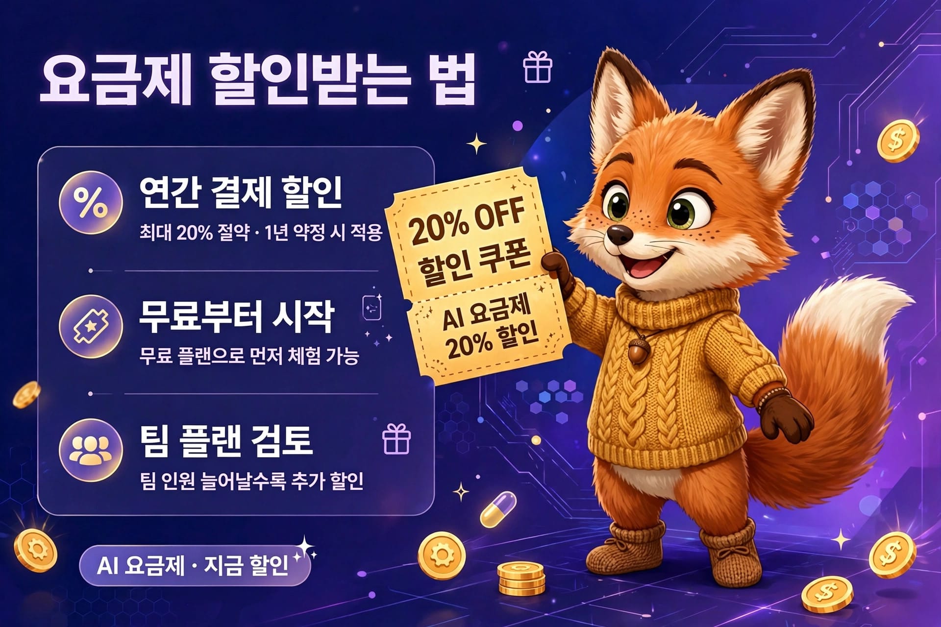 AI 요금제 할인 혜택을 소개하는 이미지, 귀여운 여우 캐릭터가 20% 할인 쿠폰을 들고 있으며, 연간 결제 할인, 무료 체험 시작, 팀 플랜 검토 등 다양한 할인 정보가 포함되어 있음. 배경은 디지털 테마로 장식되어 있음.