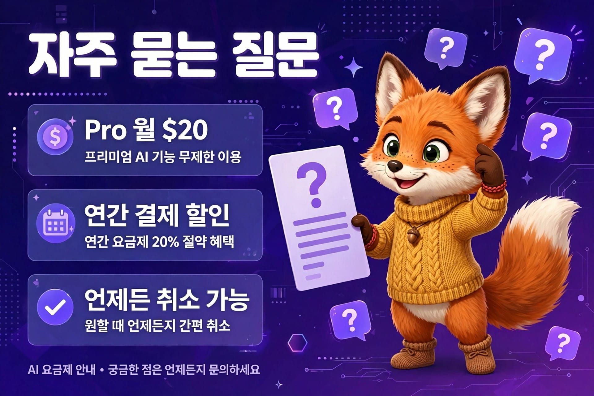 프리미엄 AI 기능에 대한 자주 묻는 질문 이미지, 월 $20 요금과 연간 결제 시 20% 할인 혜택 제공, 언제든지 취소 가능하다는 내용을 포함. 귀여운 여우 캐릭터가 질문지를 들고 있는 모습.