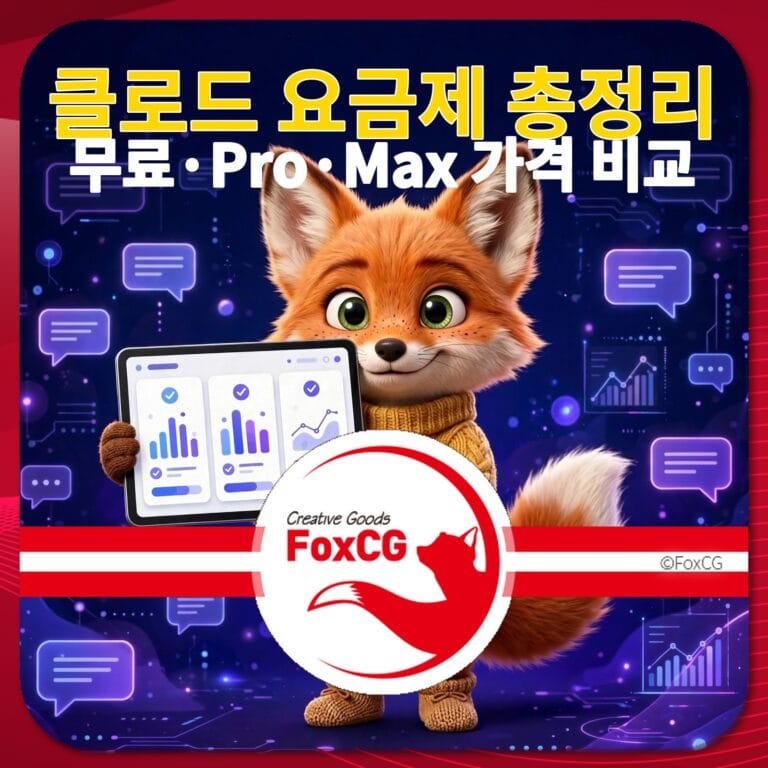 클로드 요금제 비교 이미지, 무료, Pro, Max 요금제의 가격과 기능을 시각적으로 설명하는 캐릭터가 있는 디자인. 배경에는 데이터 그래프와 통계 아이콘이 포함되어 있음.