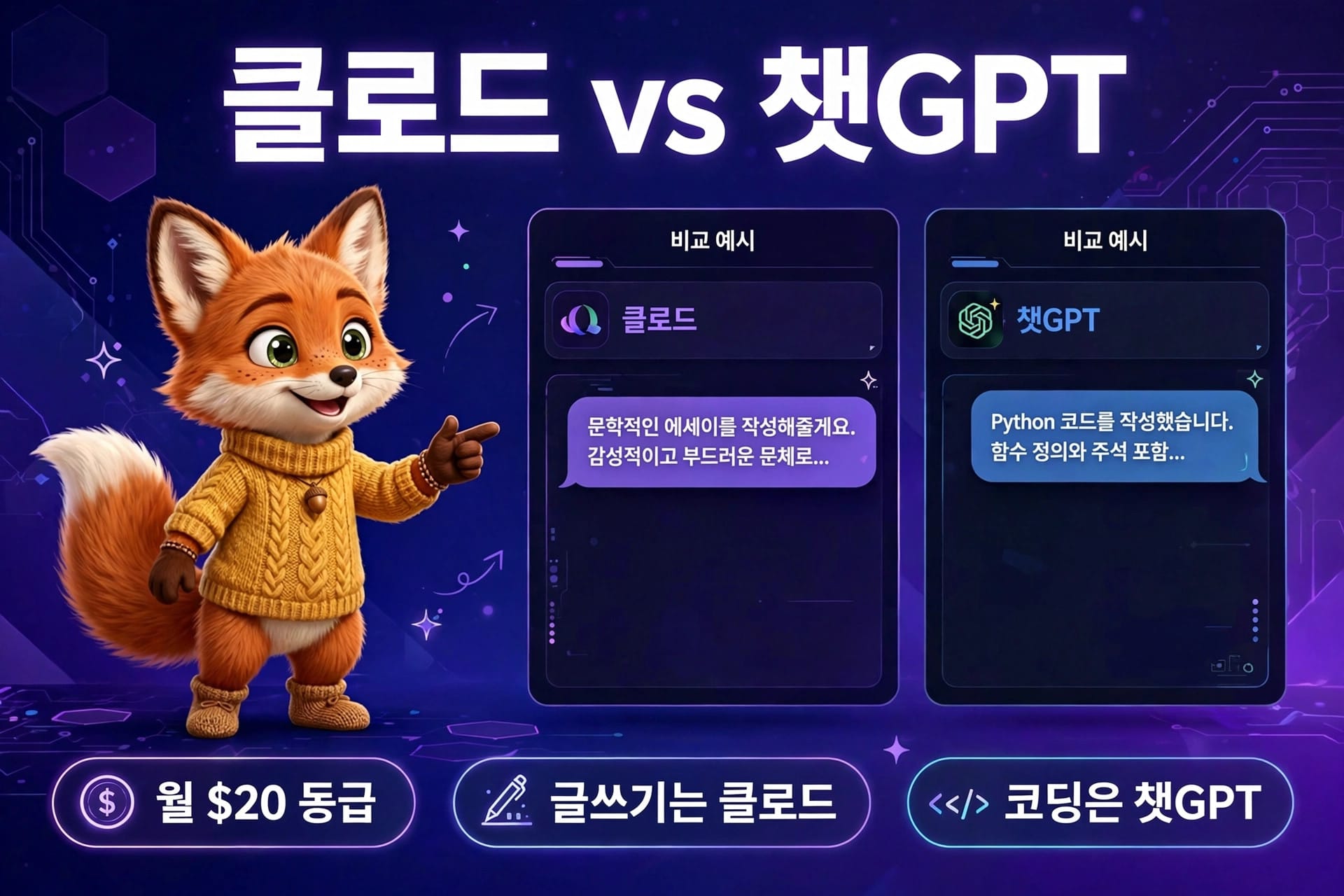 클로드와 챗GPT의 비교 이미지를 보여주는 일러스트로, 주황색 여우 캐릭터가 특징이며, 각각의 AI가 제공하는 기능을 설명하는 메시지 창이 포함되어 있다. 이 이미지는 AI 글쓰기 도구의 차별점을 강조한다.
