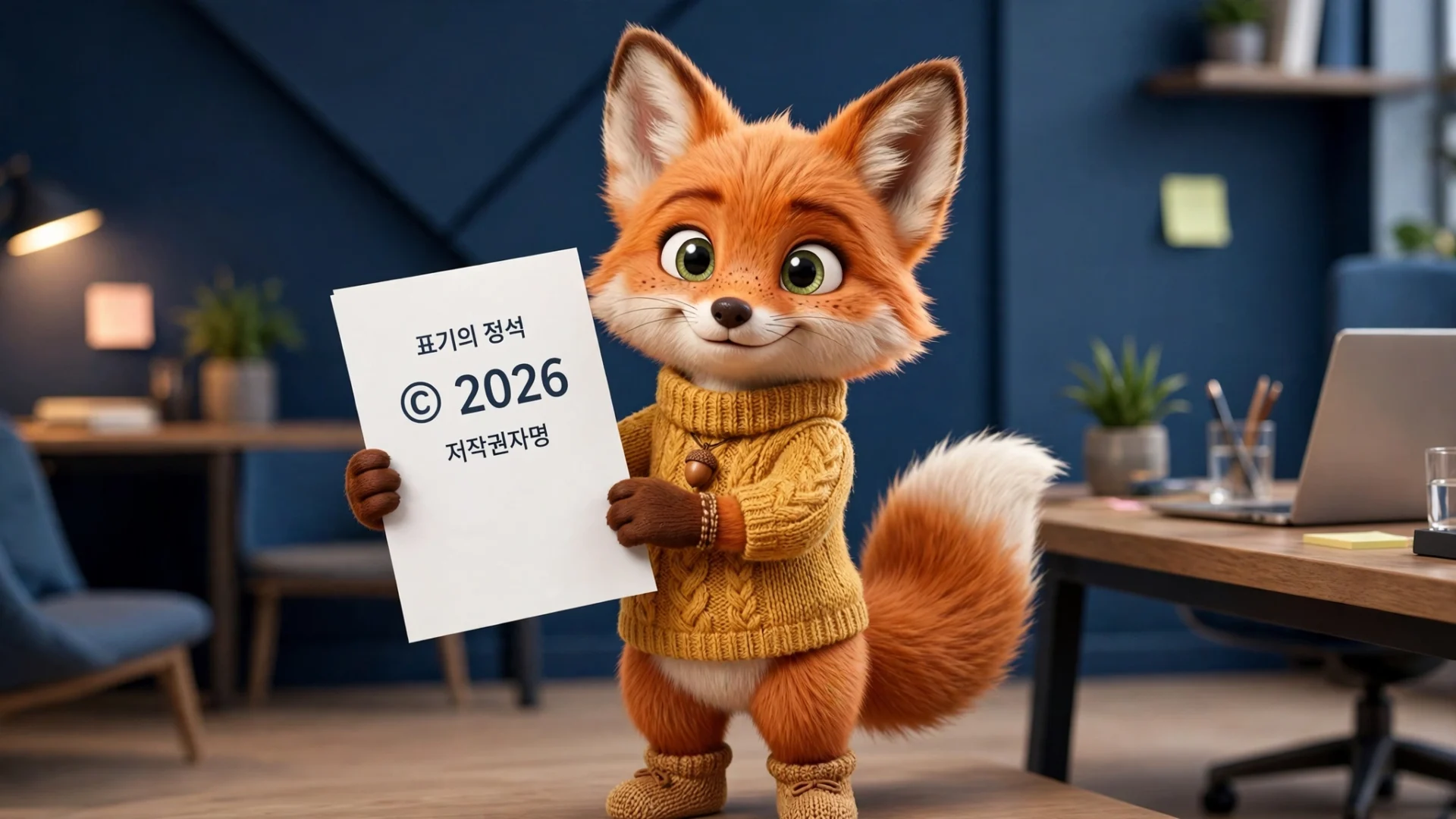 귀여운 여우 캐릭터가 "표기의 정석 © 2026 저작권자명"이라고 적힌 종이를 들고 있는 모습. 배경은 현대적인 사무실로, 책상과 의자, 식물이 배치되어 있다.