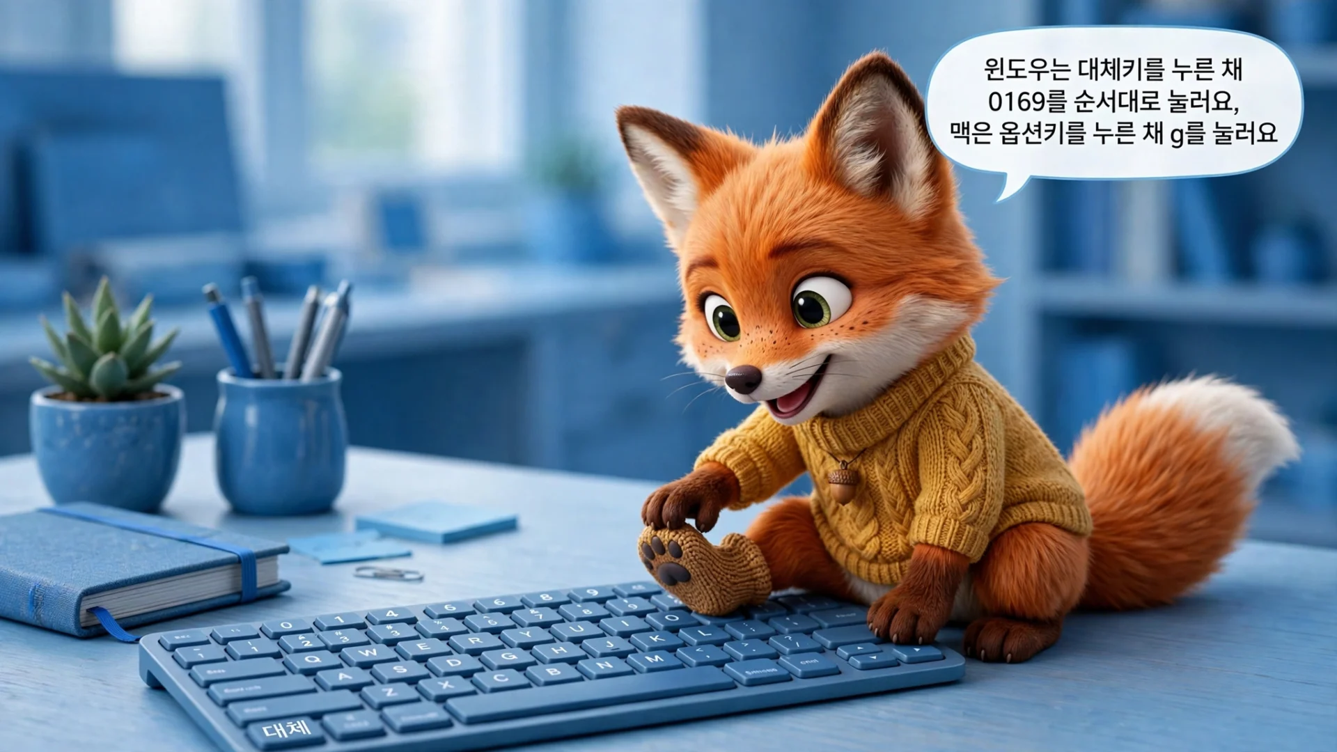 귀여운 여우 캐릭터가 파란색 키보드를 누르며 컴퓨터 작업을 하고 있는 모습, 배경은 사무실 환경으로 다양한 문구류와 식물이 배치되어 있음.
