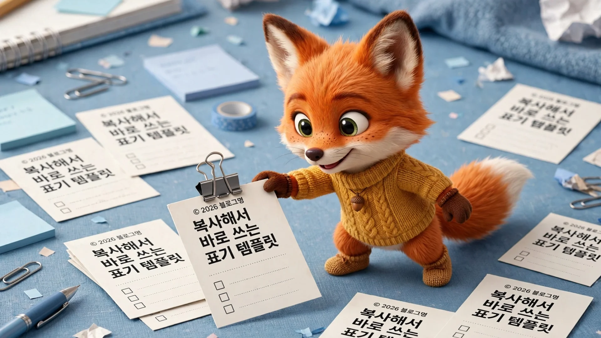 귀여운 여우 캐릭터가 체크리스트를 들고 있는 모습으로, 배경에는 여러 개의 메모지와 문구류가 놓여 있다. 체크리스트에는 '복사해서 바로 쓰는 표기 템플릿'이라는 문구가 적혀 있다.