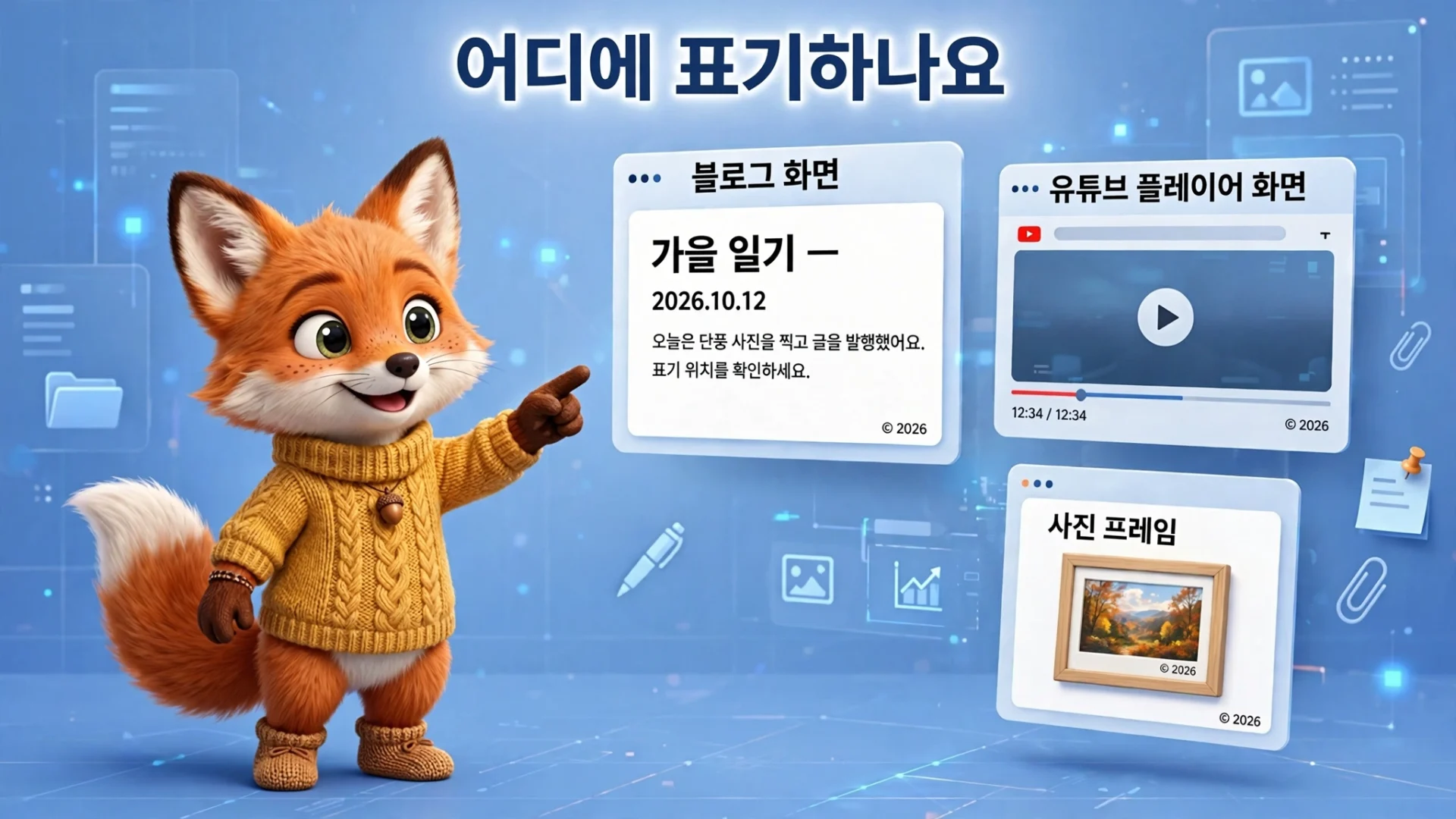 귀여운 여우 캐릭터가 노란 스웨터를 입고 손가락을 가리키며 다양한 디지털 콘텐츠를 소개하는 이미지. 블로그 포스트, 유튜브 플레이어, 사진 프레임이 포함되어 있음.