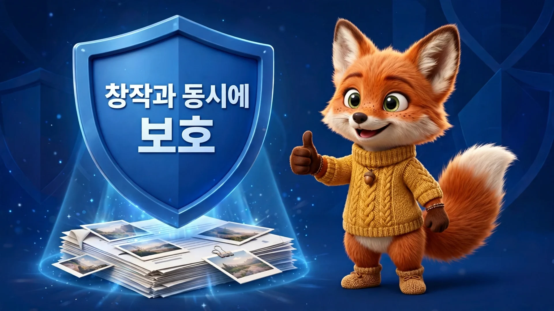 창작물 보호를 상징하는 방패와 귀여운 여우 캐릭터가 등장하는 이미지로, 창작과 동시 보호의 중요성을 강조합니다.