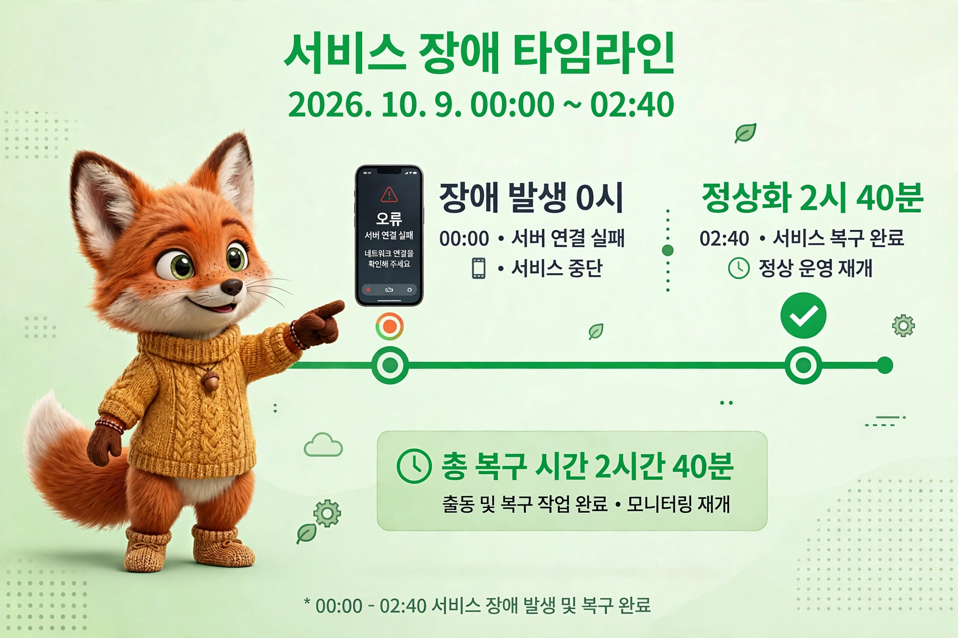 서비스 장애 타임라인 안내 이미지로, 2026년 10월 9일 00:00부터 02:40까지 서비스 장애 발생 및 복구 과정을 설명하고 있습니다. 장애 발생 시각, 원인 및 복구 완료 시간을 명시하고 있으며, 귀여운 여우 캐릭터가 장애 상황을 알리는 스마트폰 화면을 가리키고 있습니다.