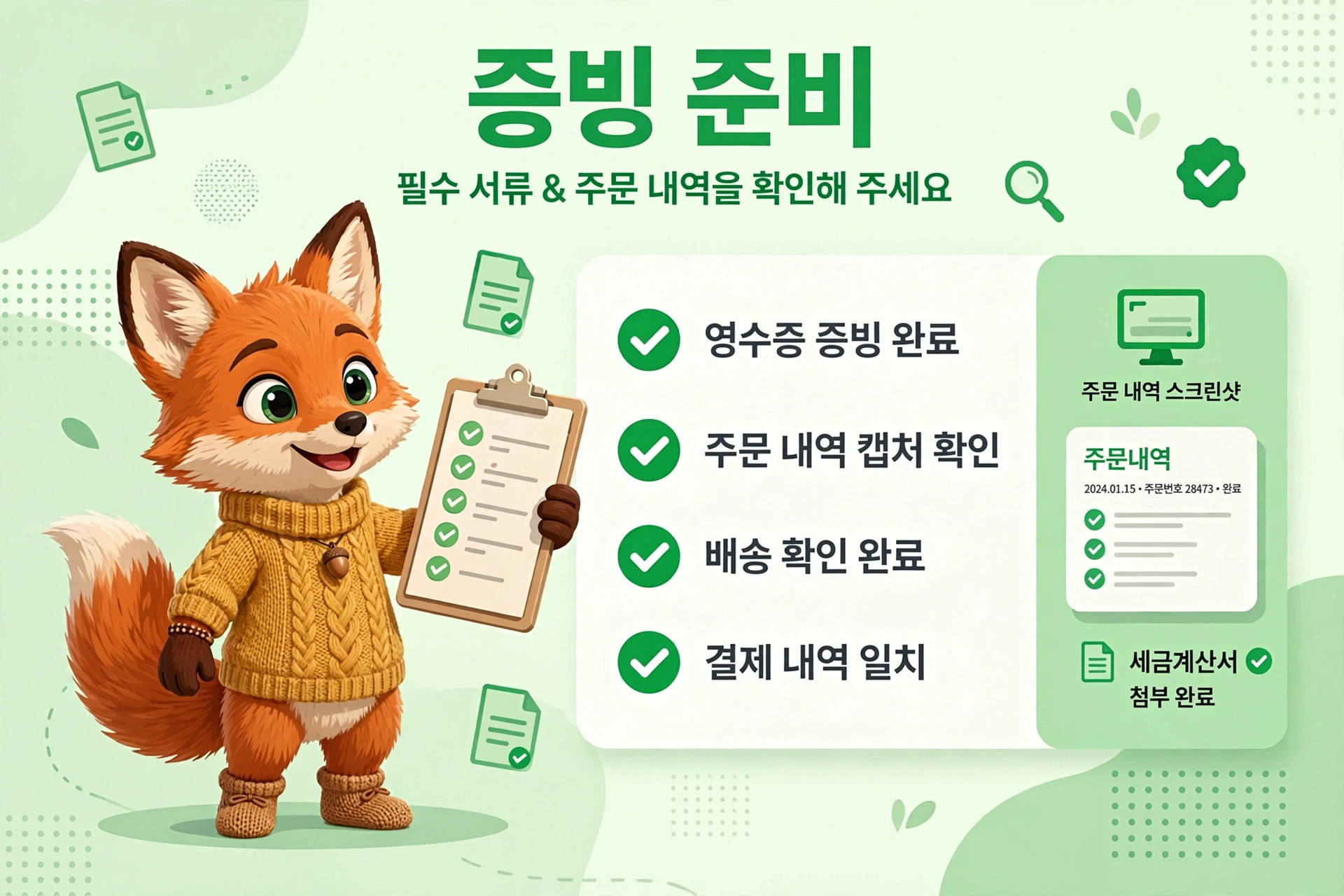 귀여운 여우 캐릭터가 체크리스트를 들고 있는 이미지로, 주문 준비 과정을 안내하는 내용이 담겨 있습니다. 체크리스트에는 영수증 증빙, 주문 내역 확인, 배송 확인, 결제 내역 일치 등의 항목이 포함되어 있습니다.