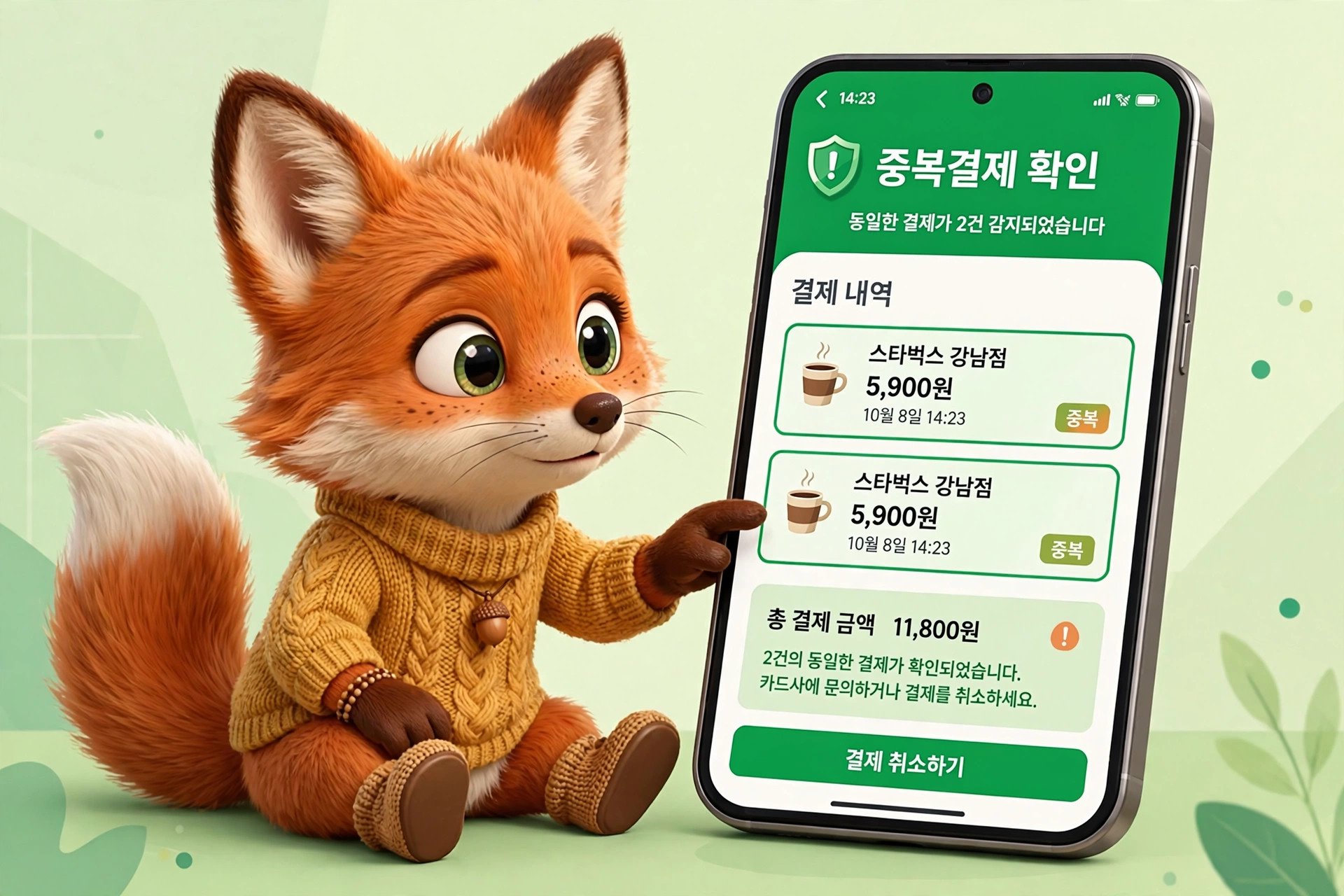 캐릭터 여우가 스마트폰을 들고 있는 모습, 화면에는 스타벅스 결제 내역과 총 결제 금액이 표시되어 있음. 배경은 부드러운 그린 컬러로 설정되어 있어 친근한 느낌을 줌.