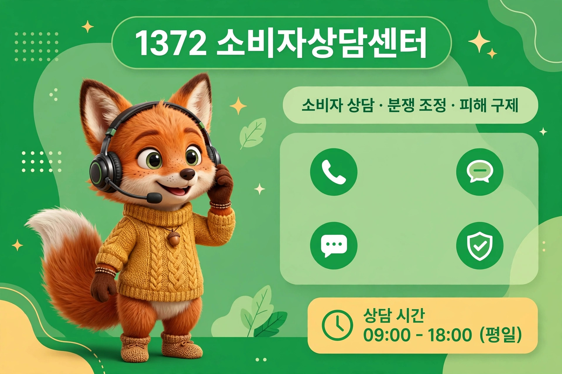 1372 소비자상담센터의 귀여운 여우 캐릭터가 헤드셋을 착용하고 상담 중인 모습. 상담 서비스 정보와 상담 시간(09:00 - 18:00, 평일)이 포함된 이미지.