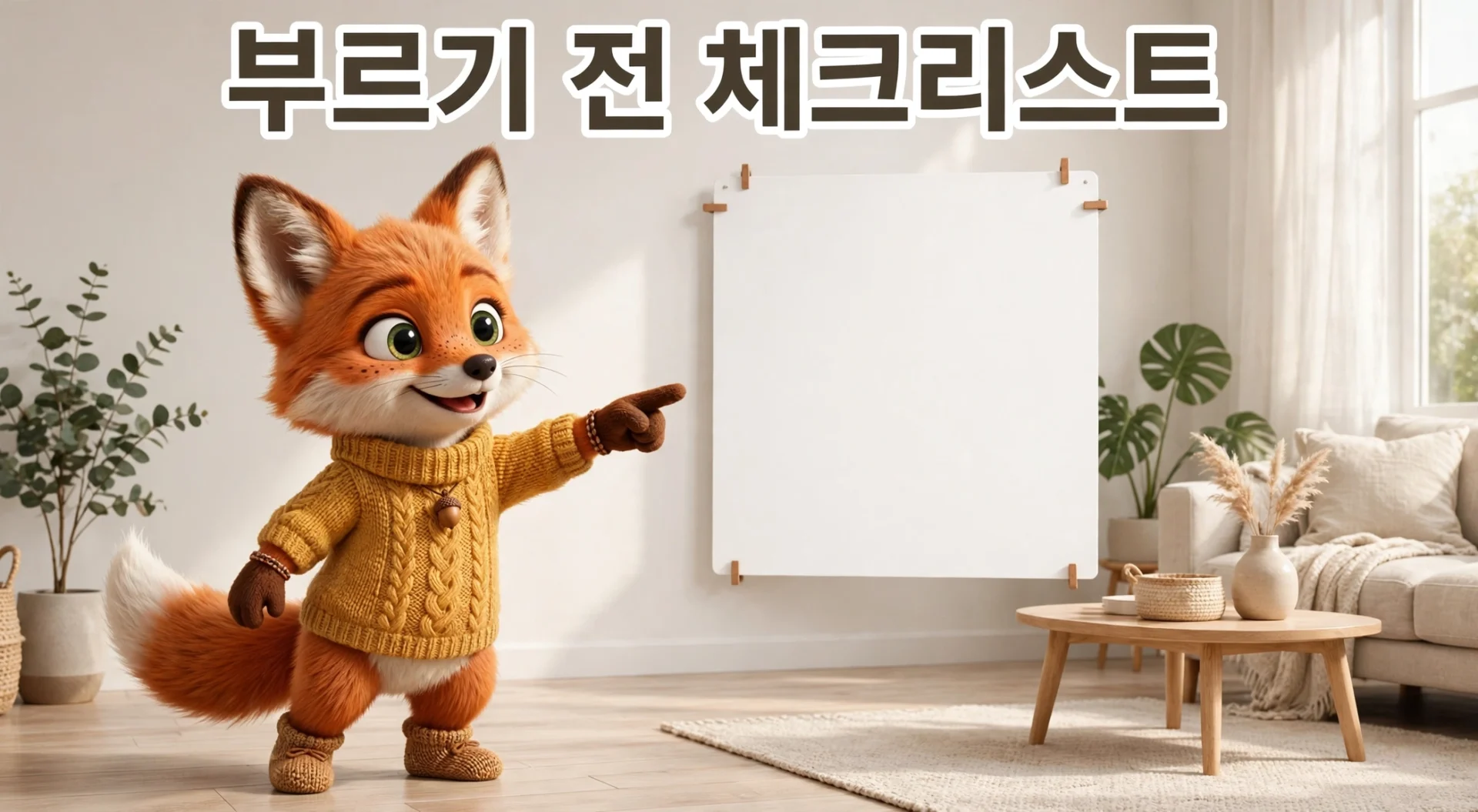 부르기 전 체크리스트를 가리키는 여우 캐릭터