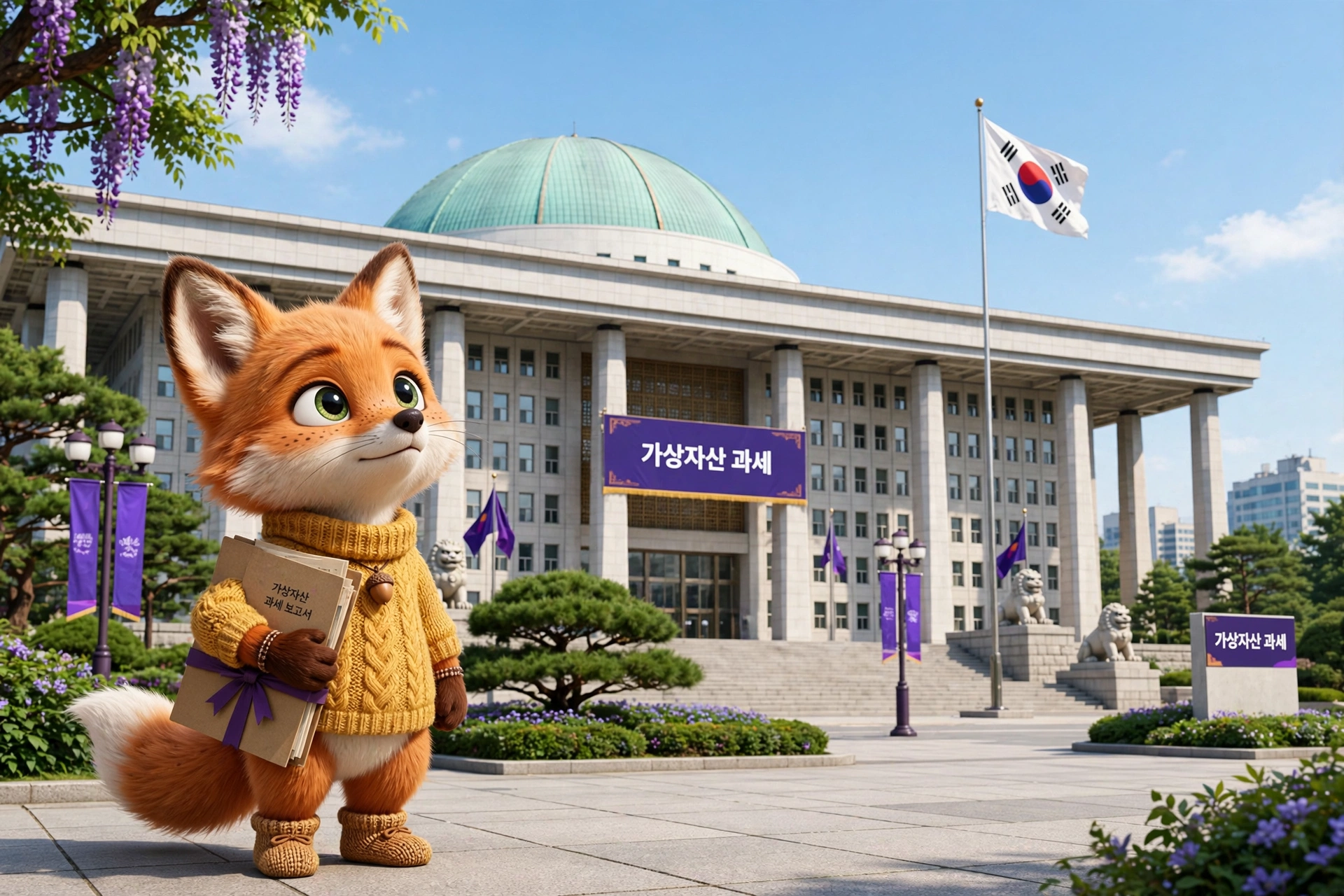 국회의사당 앞에서 가상자산 과세 서류를 든 여우 캐릭터 - 가상자산 과세 유예 논의