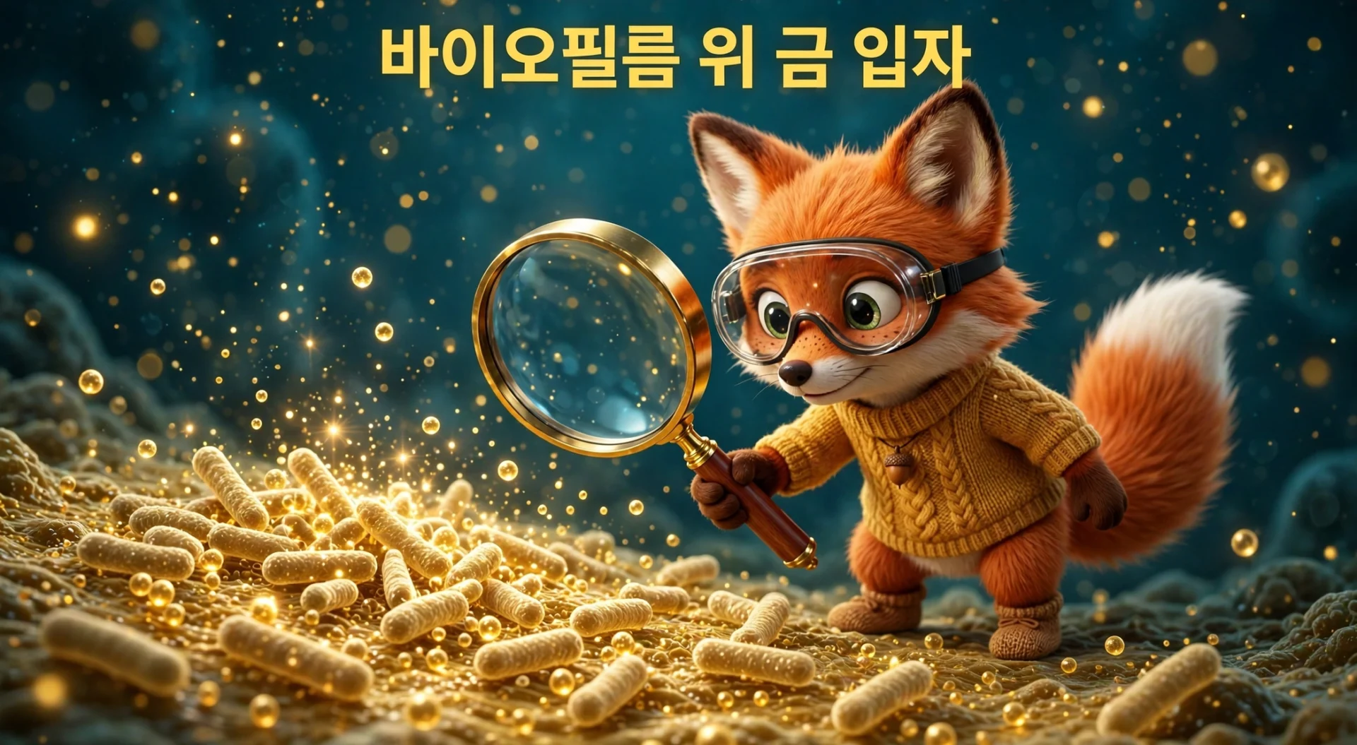 바이오필름 위 금 입자를 살펴보는 여우 캐릭터 개념 일러스트