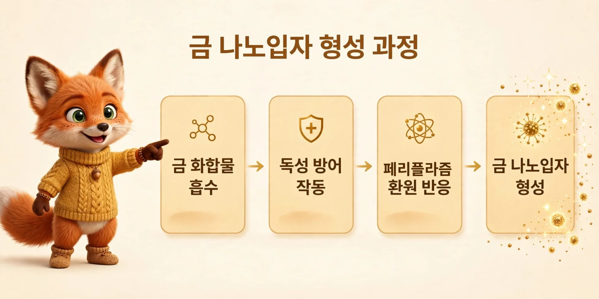 금 나노입자 형성 4단계 도표 — 금 화합물 흡수, 독성 방어 작동, 페리플라즘 환원 반응, 금 나노입자 형성