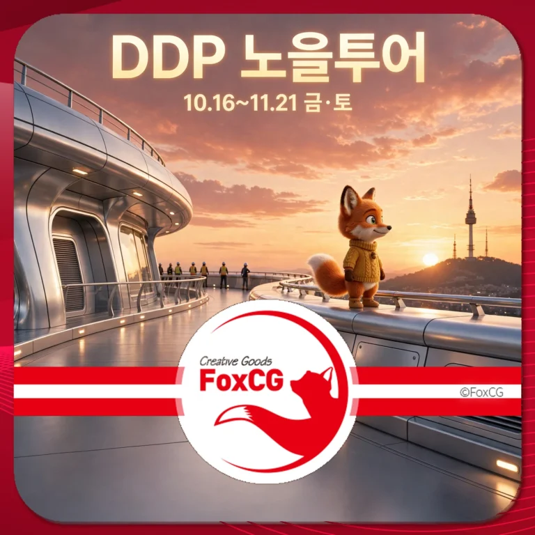 DDP 노을투어 홍보 이미지, 10월 16일부터 11월 21일까지 진행, 귀여운 여우 캐릭터가 서울 타워를 배경으로 서 있는 모습.