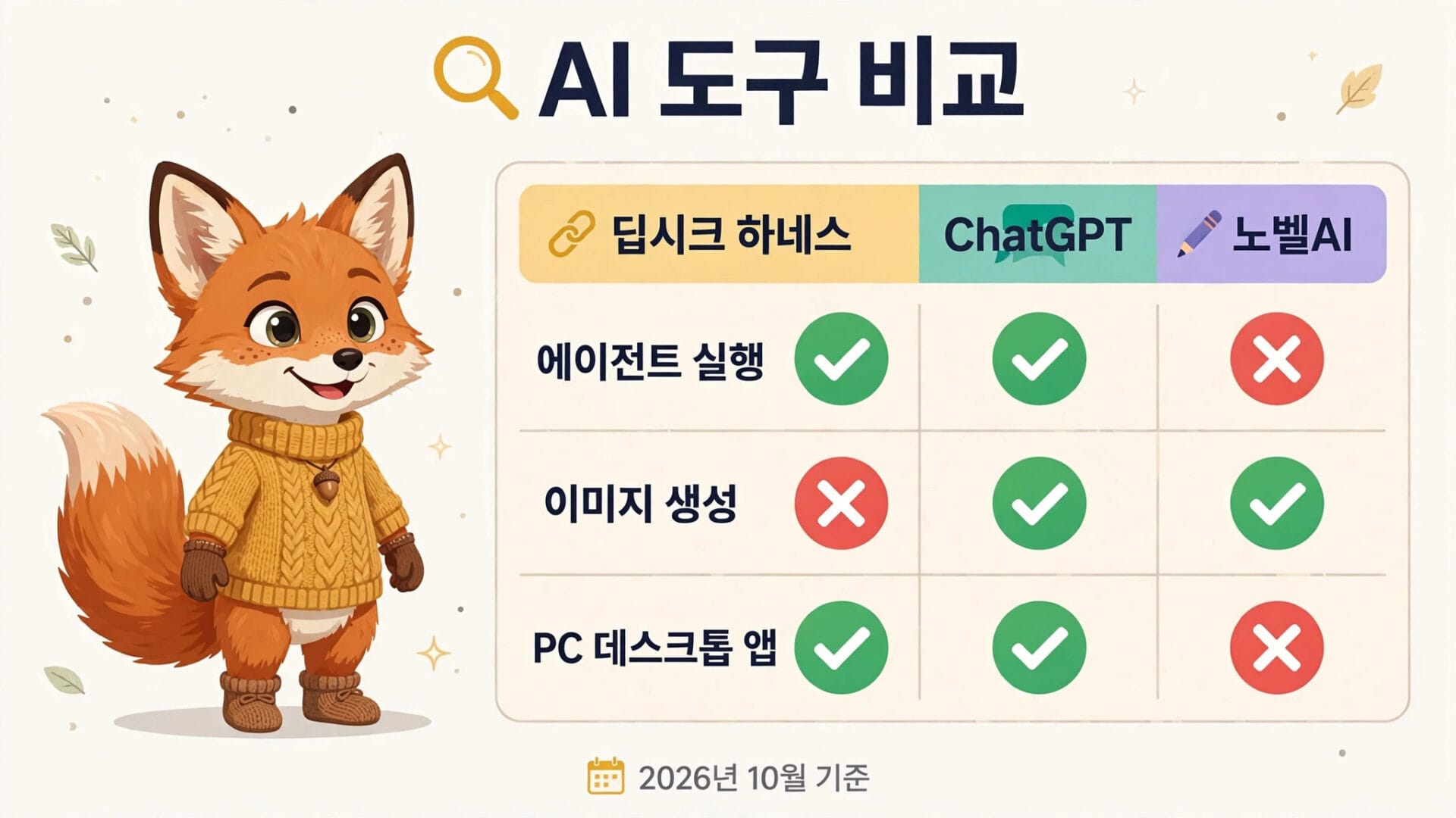 딥시크 하네스와 다른 AI 도구들(예: ChatGPT, 노벨AI)의 기능 비교 차트, 에이전트 실행, 이미지 생성, PC 데스크톱 앱 지원 여부가 포함된 정보 제공.