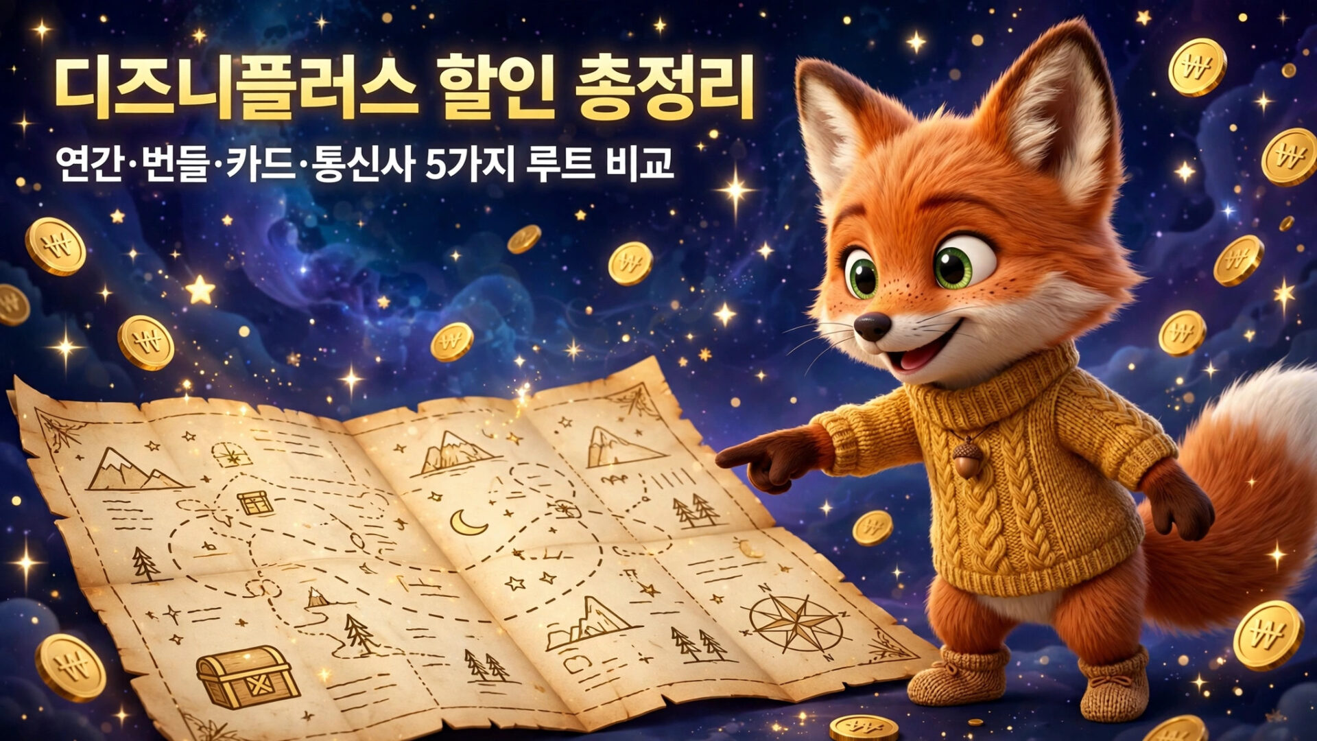 디즈니플러스 할인 정보를 제공하는 귀여운 여우 캐릭터가 지도 위에서 손가락으로 가리키고 있으며, 배경에는 별과 동전이 흩어져 있는 이미지.