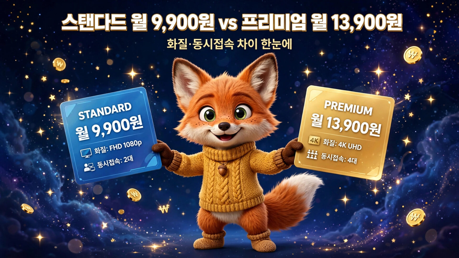 스탠다드 요금제와 프리미엄 요금제를 비교하는 이미지. 스탠다드 월 9,900원, 화질 FHD 1080p, 동시접속 2대; 프리미엄 월 13,900원, 화질 4K UHD, 동시접속 4대. 배경은 별빛과 함께 캐릭터가 요금제를 설명하는 모습.