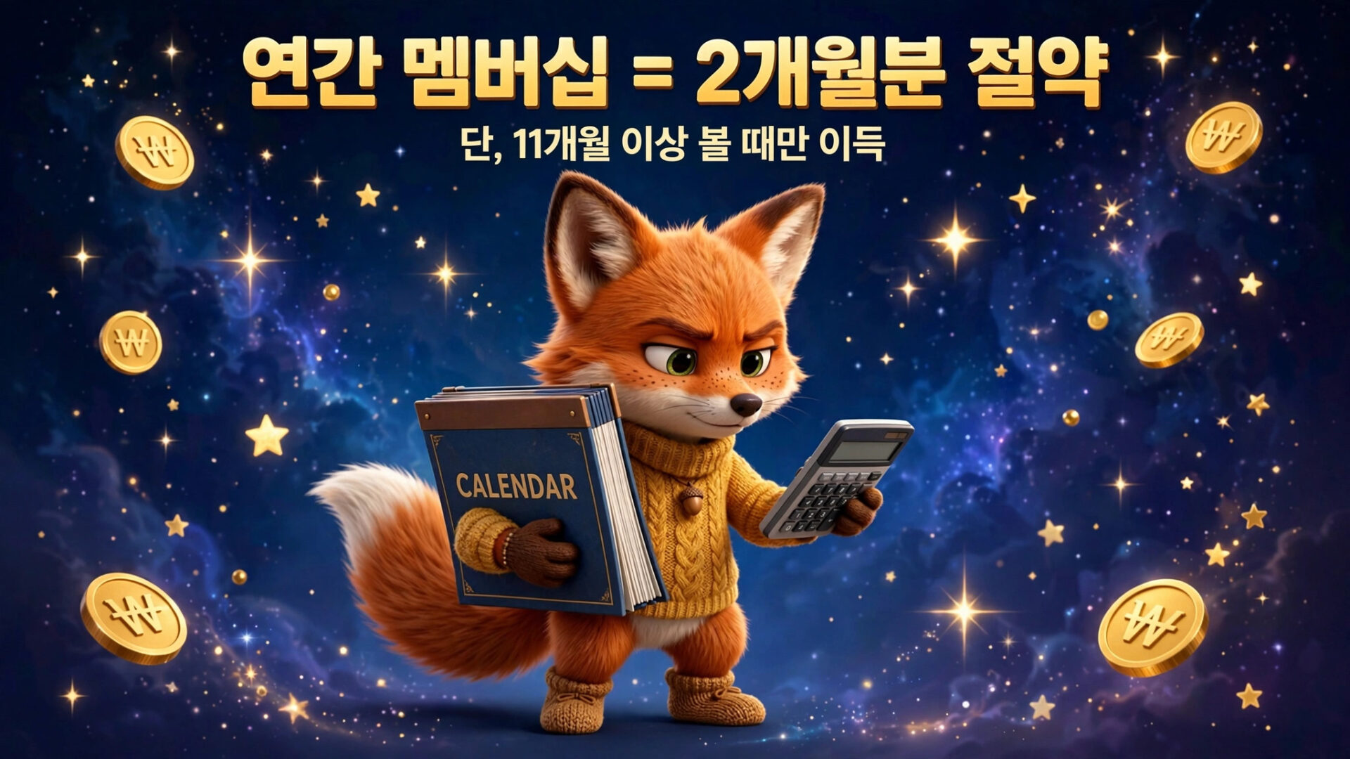 연간 멤버십 혜택을 설명하는 이미지로, 금화와 별 배경 속에 계산기를 들고 있는 귀여운 여우 캐릭터가 등장. 2개월 분의 혜택을 강조하며, 11개월 이상 볼 때만 적용된다는 내용이 포함되어 있습니다.