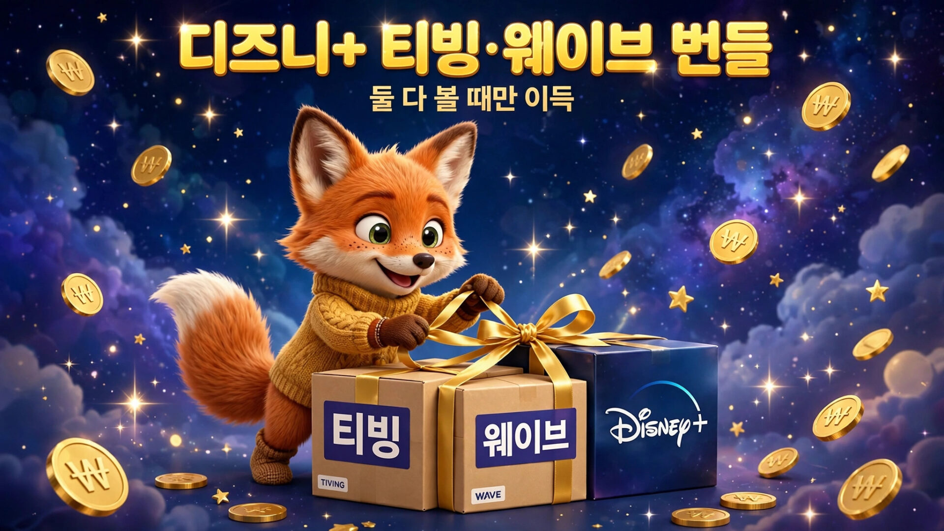 디즈니+와 티빙, 웨이브 번들을 홍보하는 이미지로, 귀여운 여우 캐릭터가 선물 상자를 열고 있는 모습과 함께 금색 동전이 흩날리고 있다. 배경은 별과 구름으로 채워져 있어 환상적인 분위기를 자아낸다.