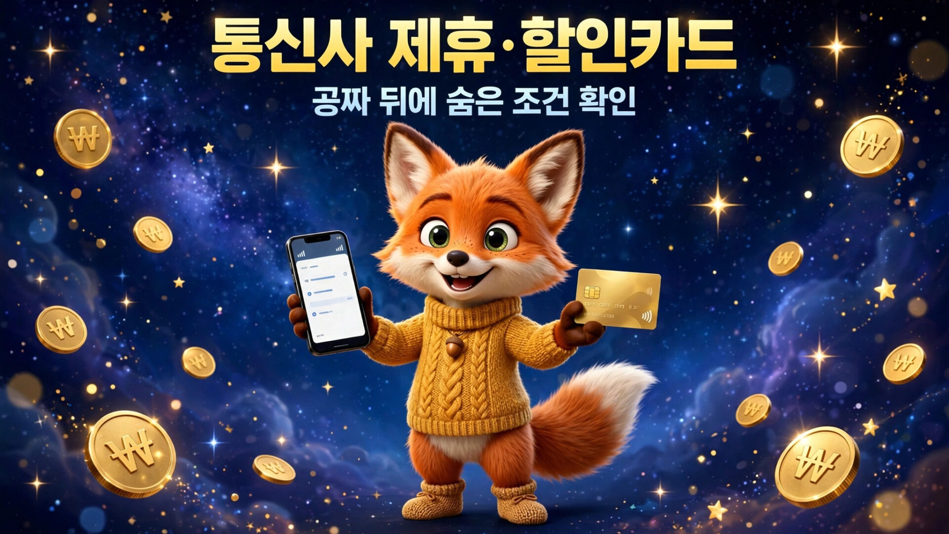 통신사 제휴 할인카드를 들고 있는 귀여운 여우 캐릭터와 스마트폰, 배경에 금화가 흩날리는 이미지. 할인 혜택과 조건 확인을 강조.