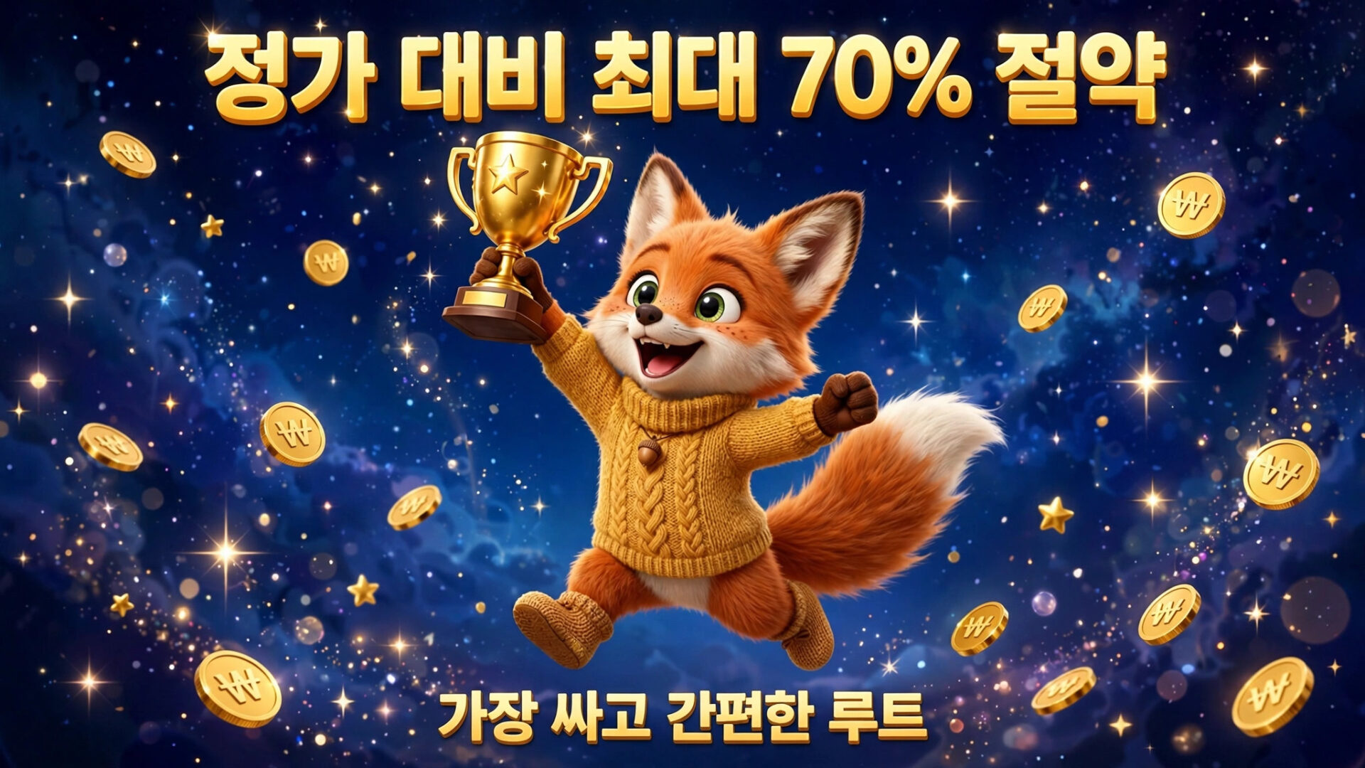 귀여운 여우 캐릭터가 금컵을 들고 기뻐하며 뛰어가는 모습, 배경에는 반짝이는 별과 동전이 흩어져 있어 할인 이벤트를 홍보하는 이미지. "정가 대비 최대 70% 절약"과 "가장 싸고 간편한 루트"라는 문구가 포함되어 있음.