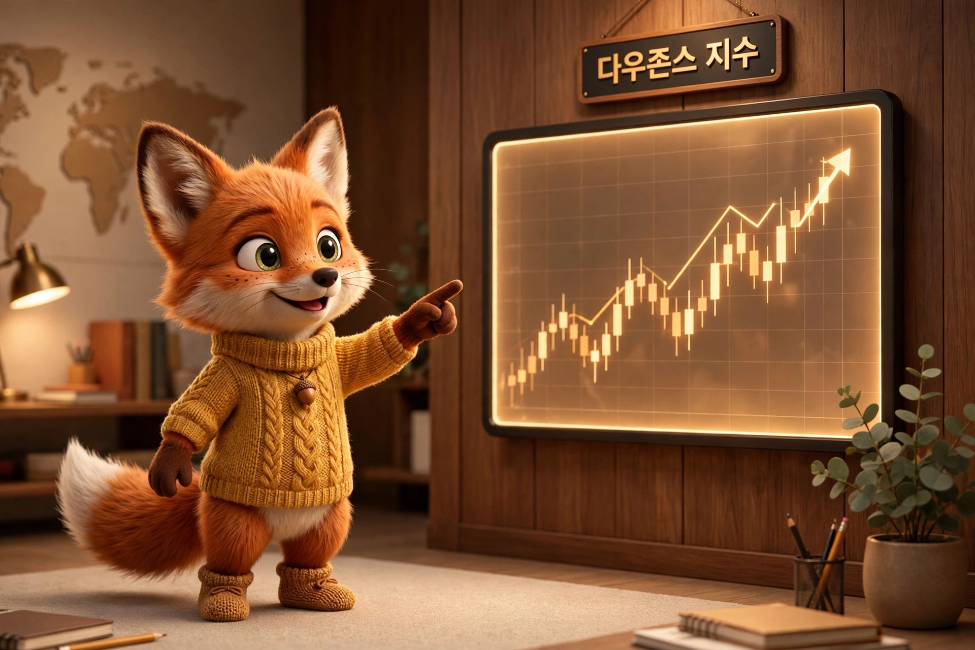다우존스 지수 차트를 가리키며 설명하는 여우 캐릭터