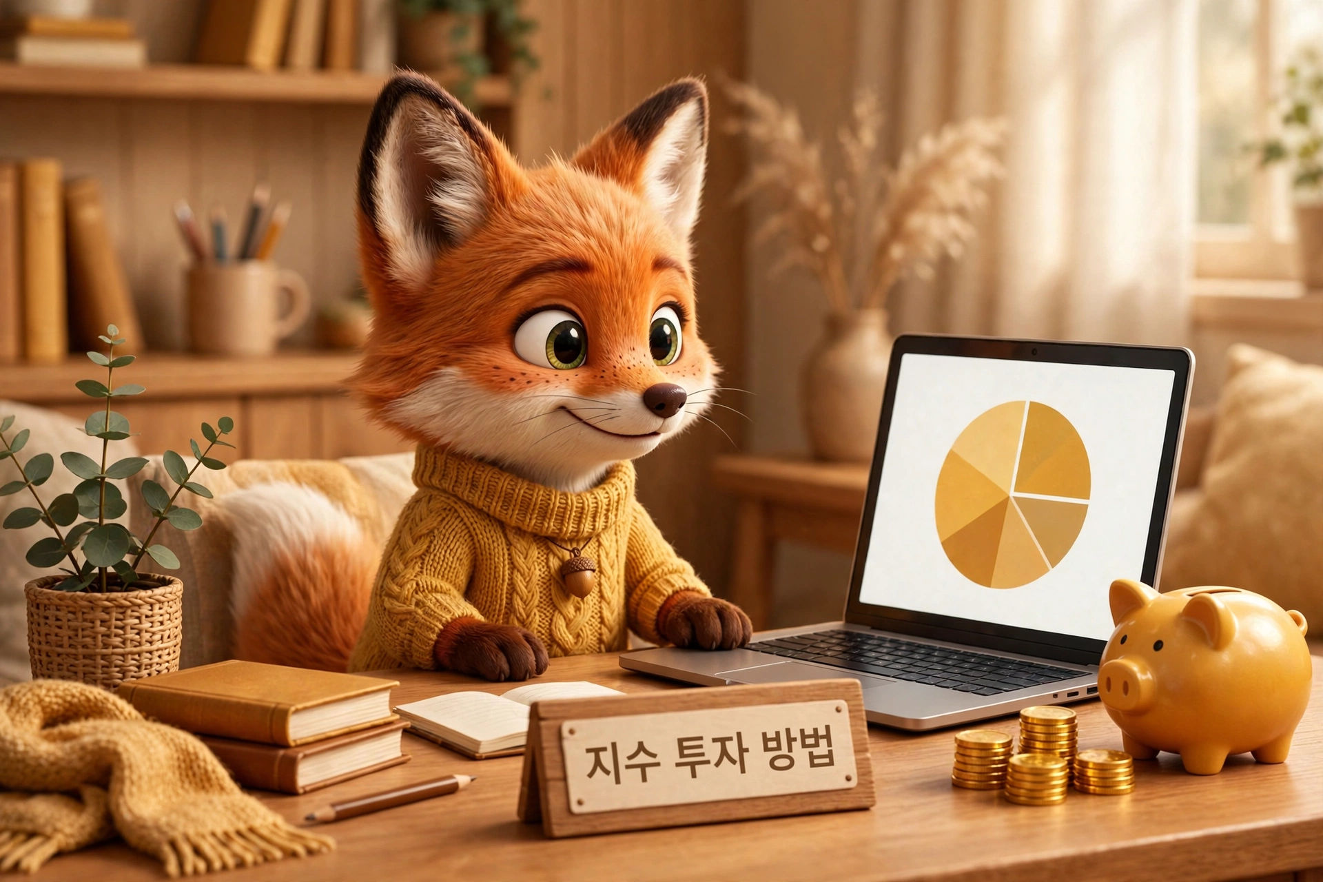ETF로 지수에 투자하는 방법을 공부하는 여우 캐릭터