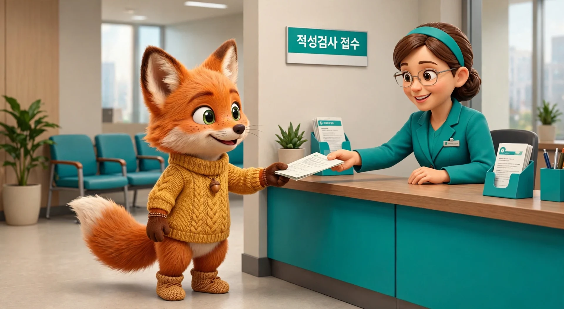 운전면허 적성검사 접수 – 면허시험장 창구에서 서류를 내는 여우 캐릭터