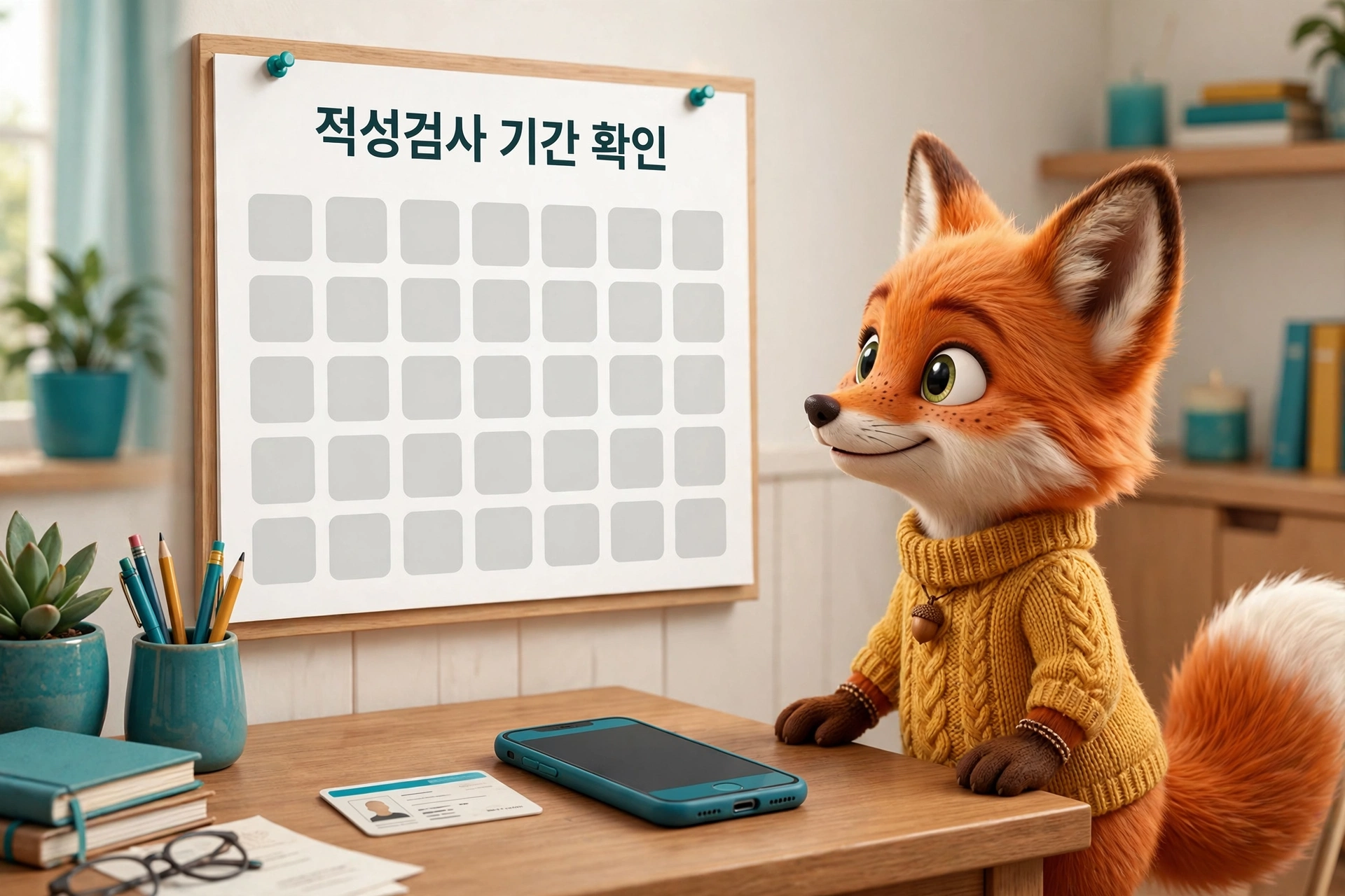 운전면허 적성검사 기간 확인 – 달력으로 적성검사 기간을 확인하는 여우 캐릭터