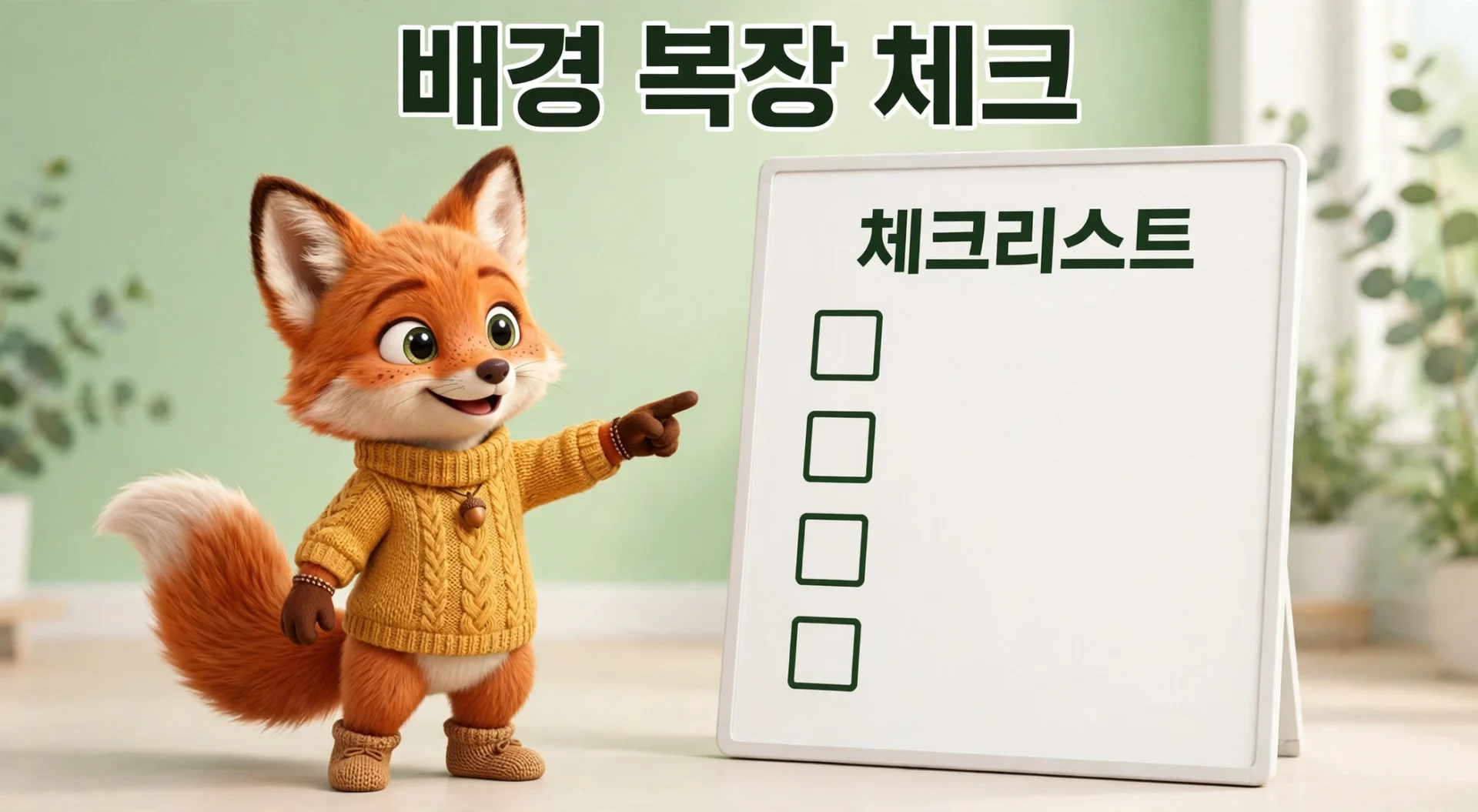 배경 복장 체크리스트를 가리키는 여우 캐릭터