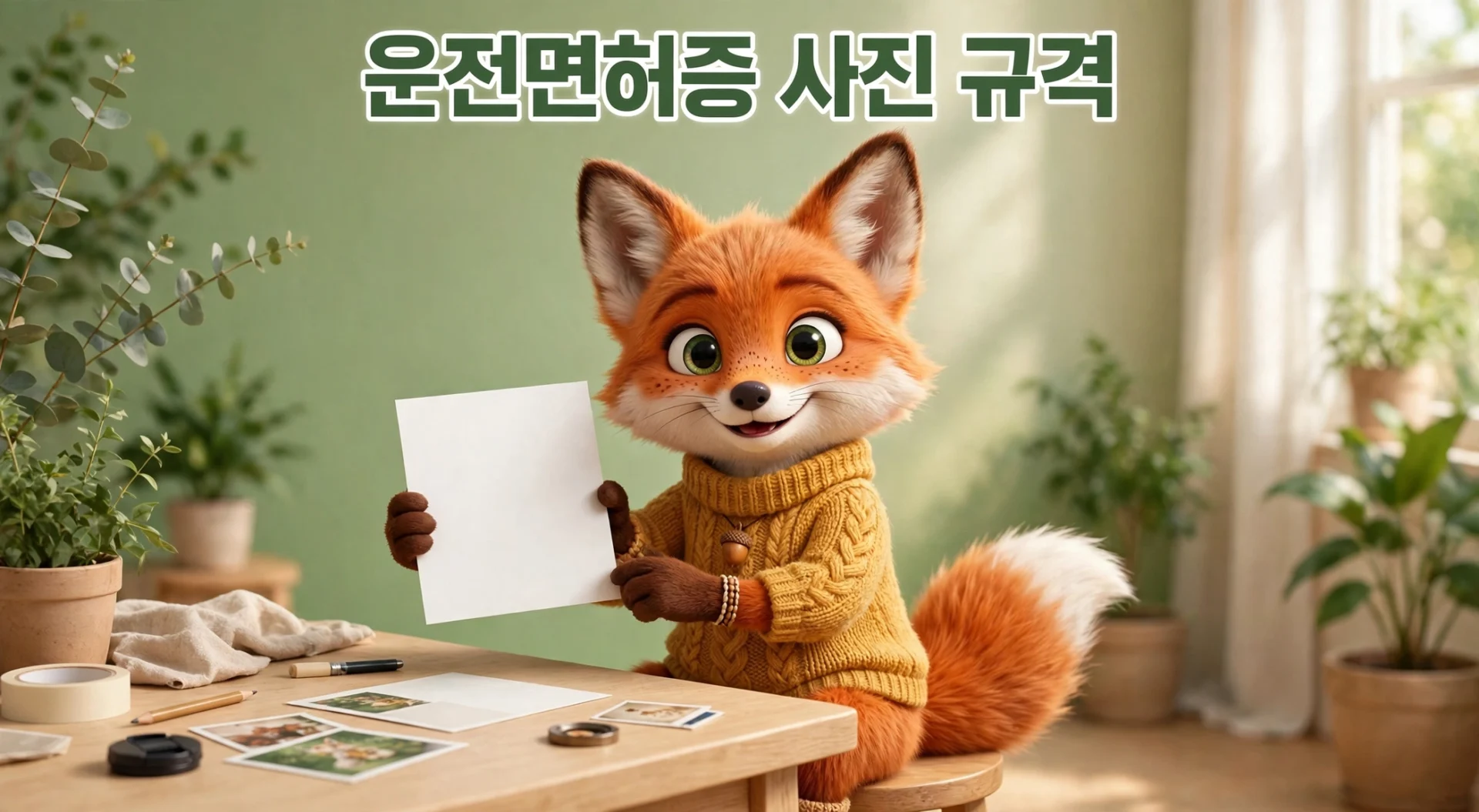 운전면허증 사진 규격을 안내하는 여우 캐릭터