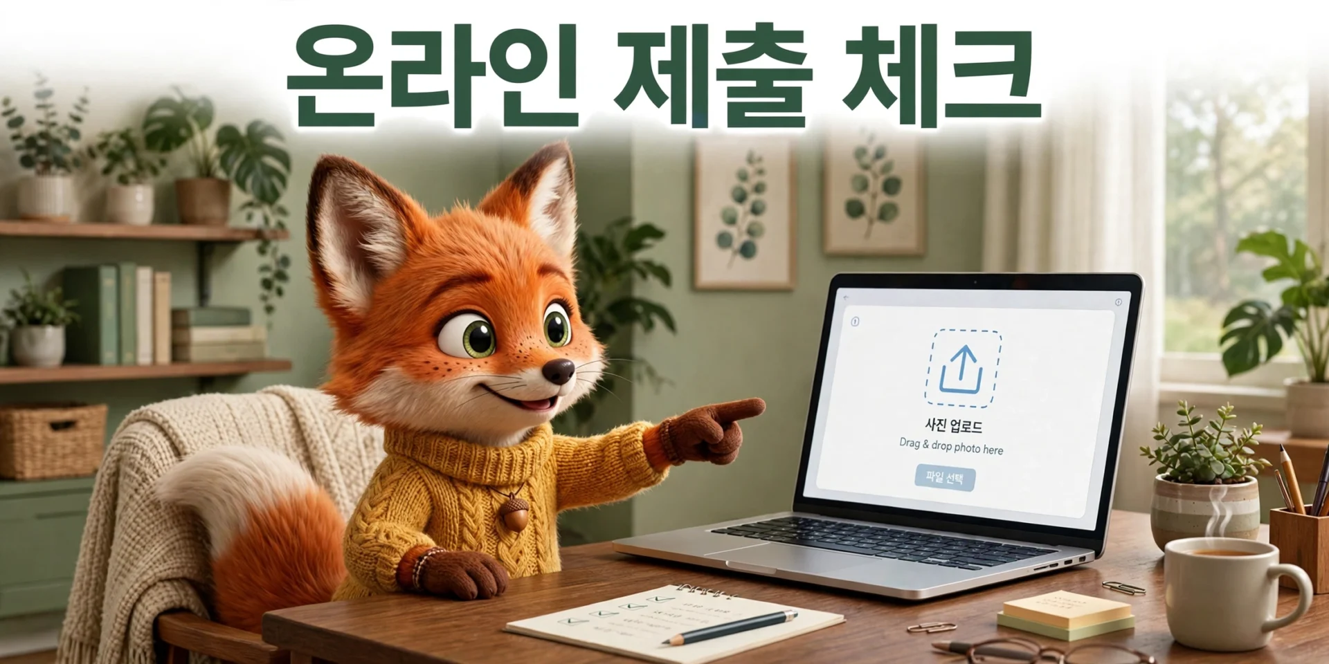 온라인 사진 제출을 안내하는 여우 캐릭터
