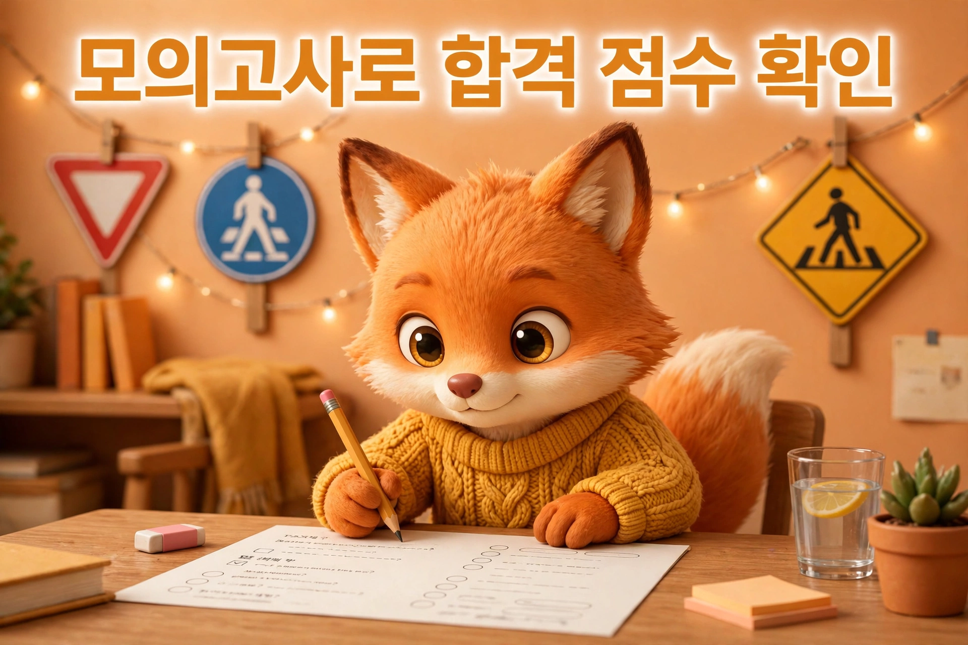 운전면허 필기시험 모의고사로 합격 점수 확인 여우 캐릭터 이미지