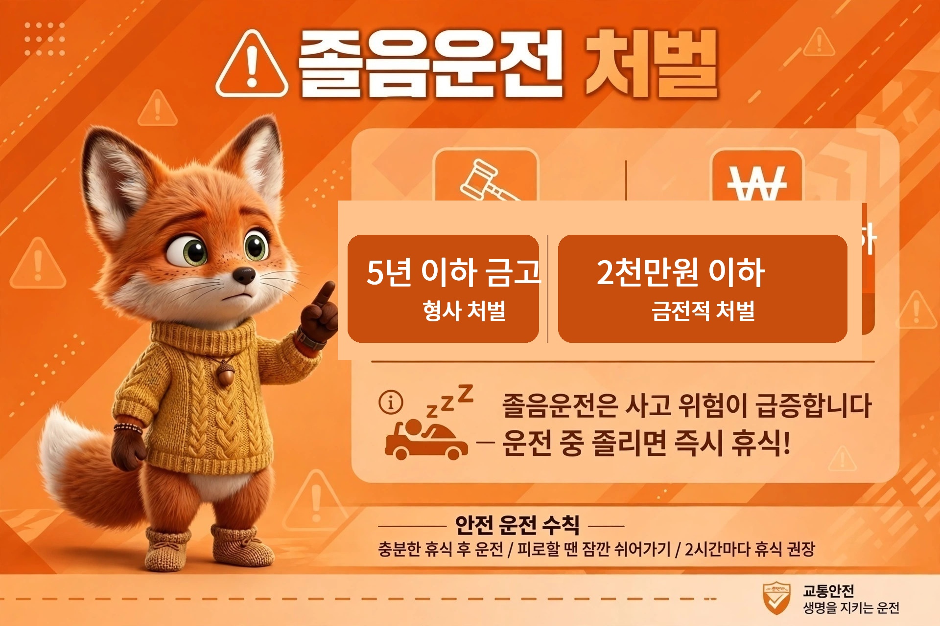 졸음운전 처벌 안내 이미지, 졸음운전 시 5년 이하 형사 처벌 및 2천만 원 이하의 금전적 처벌 경고. 안전 운전 수칙 강조, 충분한 휴식 후 운전 권장.