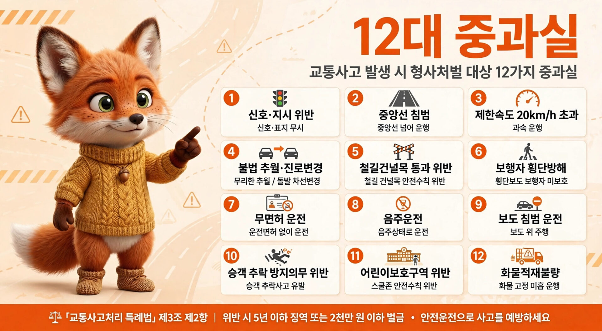12대 중과실을 설명하는 캐릭터가 등장하는 이미지로, 교통사고 발생 시의 12가지 중과실 항목을 나열하고 있습니다. 귀여운 여우 캐릭터가 노란색 스웨터를 입고 손가락을 들고 있으며, 배경에는 도로와 경고 표지가 포함되어 있습니다.