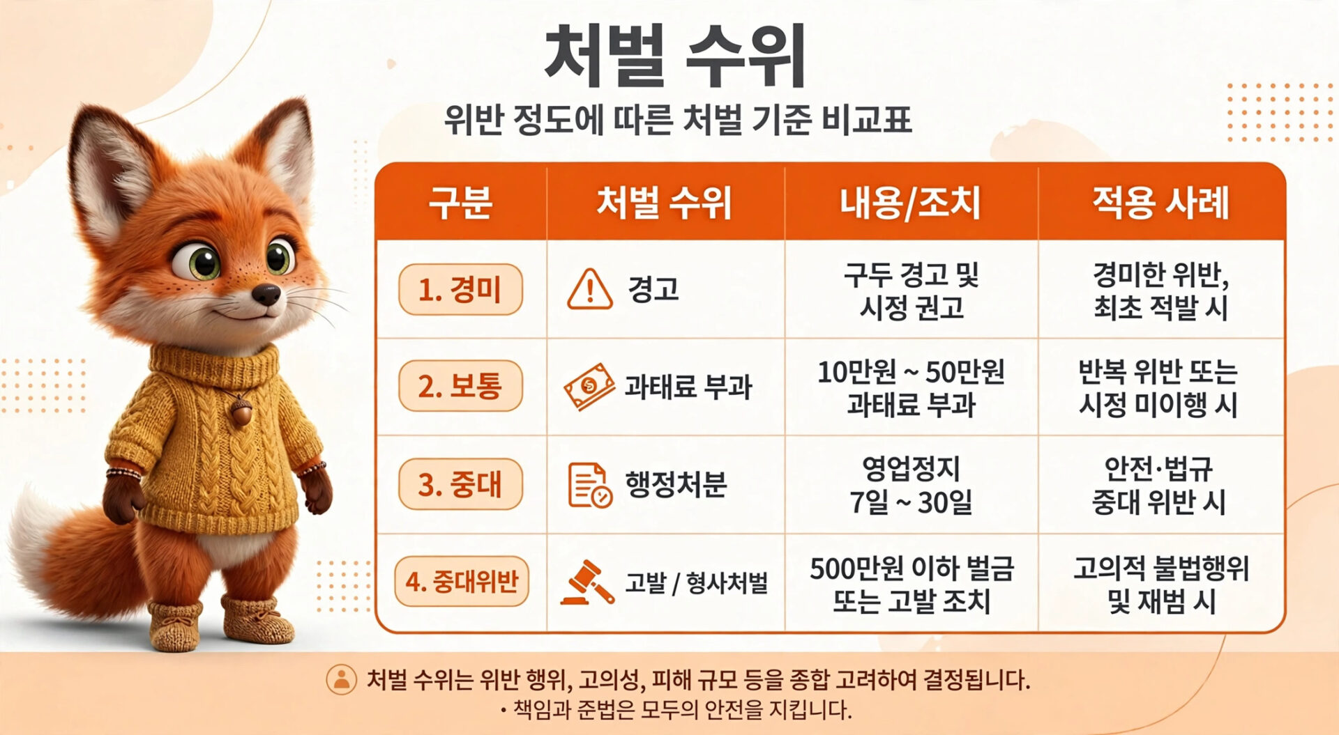위반 정도에 따른 처벌 기준 비교표, 귀여운 여우 캐릭터가 중앙에 위치하며, 각 처벌 수위와 내용이 정리된 표가 오른쪽에 배치되어 있음.