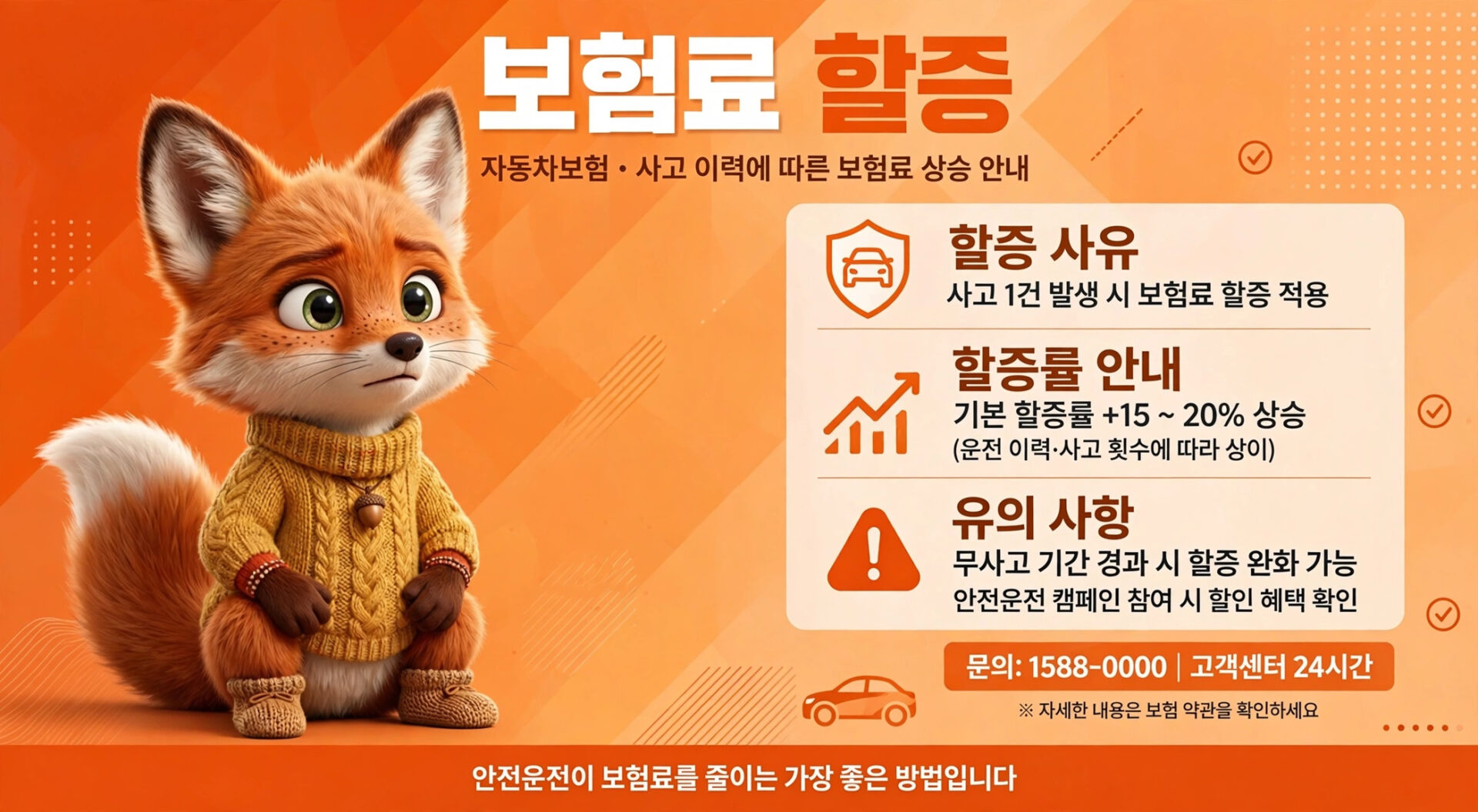 자동차 보험 혜택 안내 이미지, 귀여운 여우 캐릭터가 노란색 스웨터를 입고 앉아 있으며, 보험료 활성화, 사고 발생 시 보험료 인상, 유의 사항 등의 정보가 포함되어 있음. 배경은 주황색으로 구성됨.