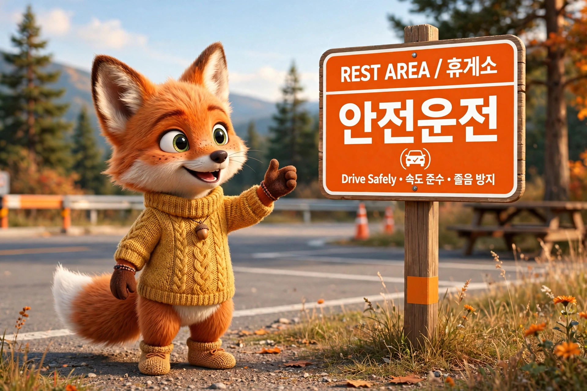 귀여운 여우 캐릭터가 안전 운전 표지판 옆에서 손가락을 가리키며 미소짓고 있는 모습. 배경에는 자연 풍경과 휴게소가 보이며, 표지판에는 '안전운전'과 '휴게소'라는 글자가 적혀 있음.